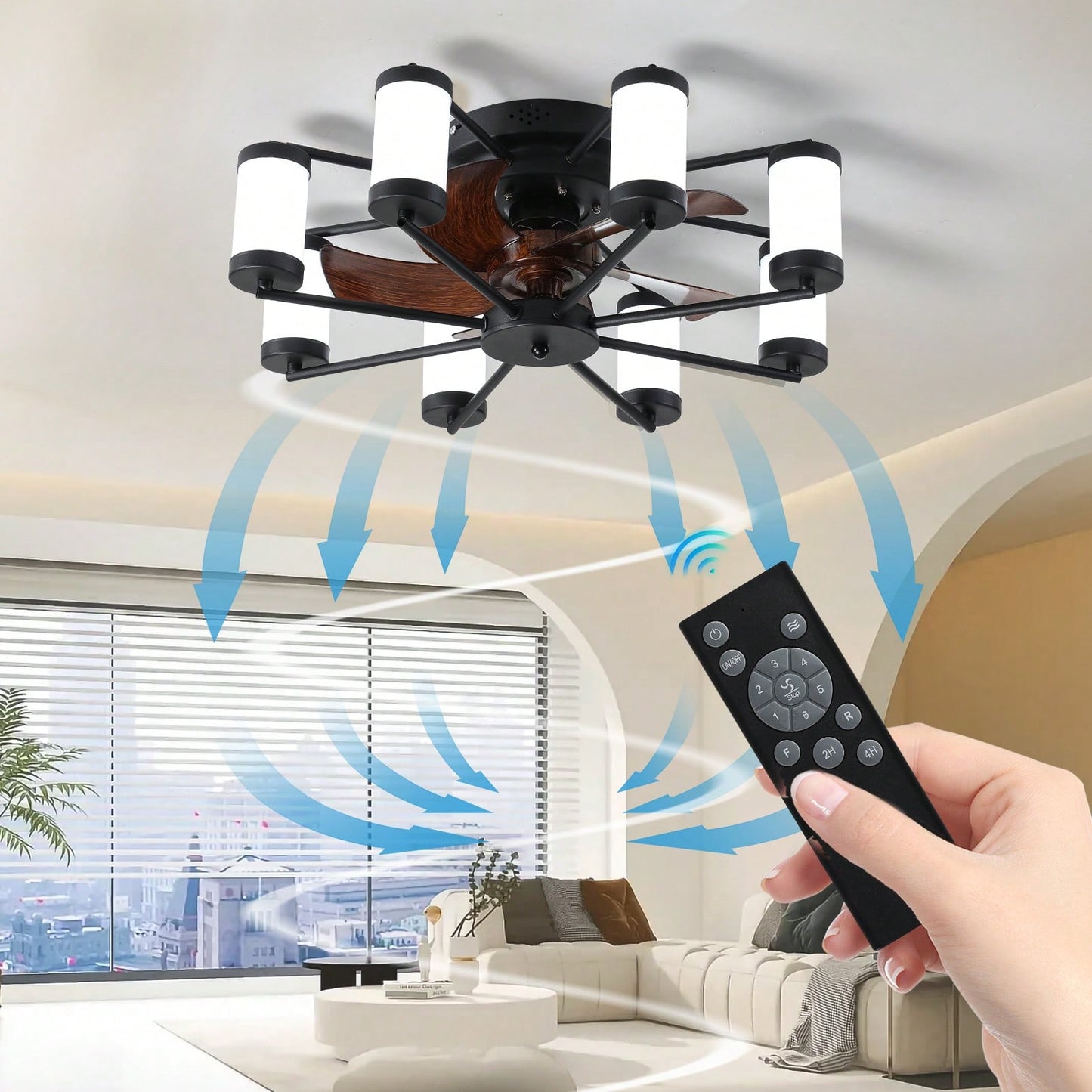 21.7 Inch Black Windmill Ceiling Fan Light with Remote Control Dimmable LED Flush Mount Energy Efficient Cooling and Lighting