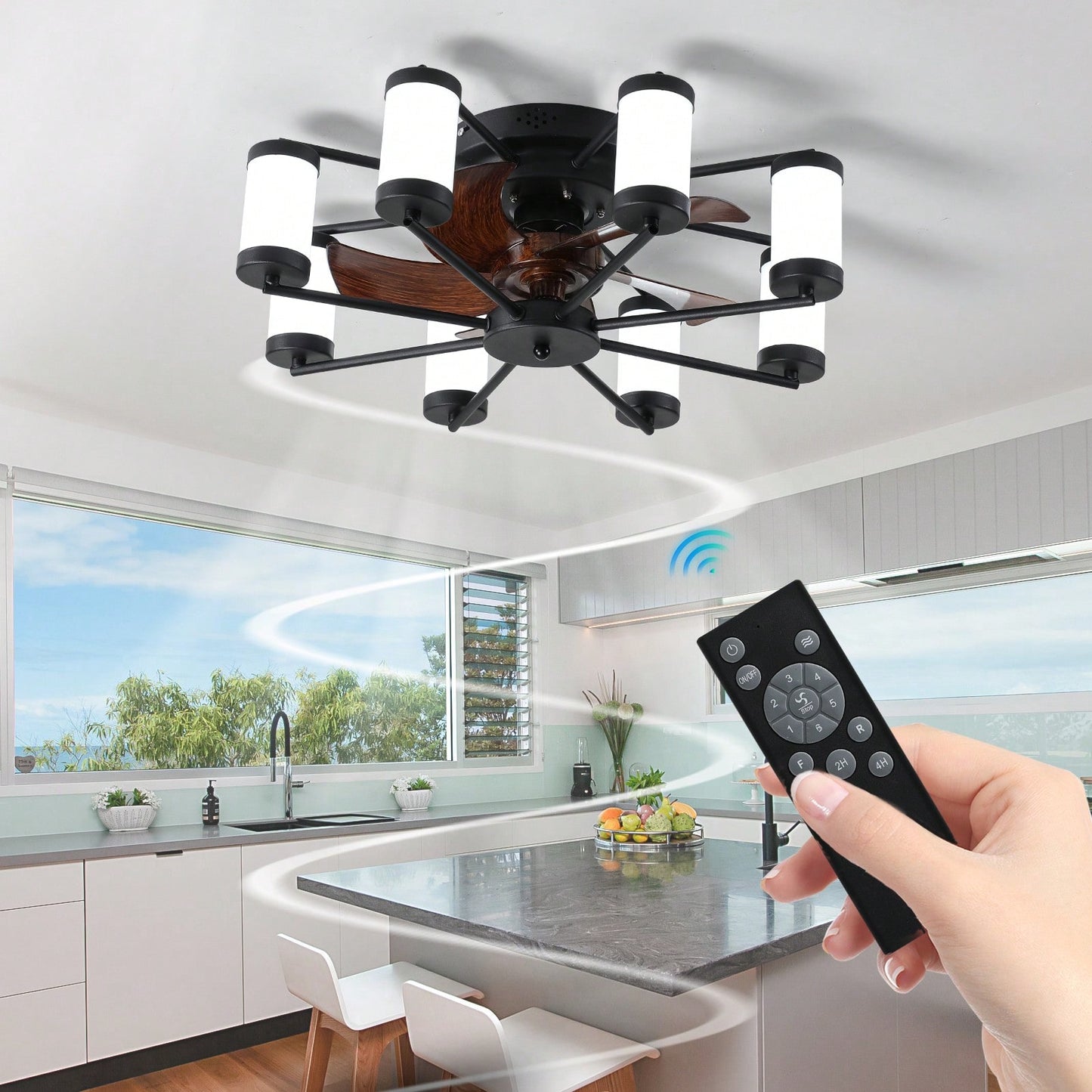 21.7 Inch Black Windmill Ceiling Fan Light with Remote Control Dimmable LED Flush Mount Energy Efficient Cooling and Lighting