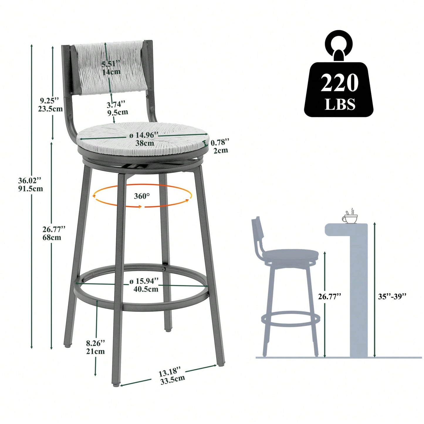 Rustic Swivel Bar Stools Set of 2 Handwoven Back and Seat 360° Counter Chairs for Kitchen Island Black Frame 220lb Capacity