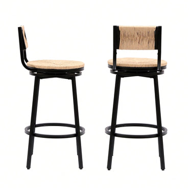 Rustic Swivel Bar Stools Set of 2 Handwoven Back and Seat 360° Counter Chairs for Kitchen Island Black Frame 220lb Capacity