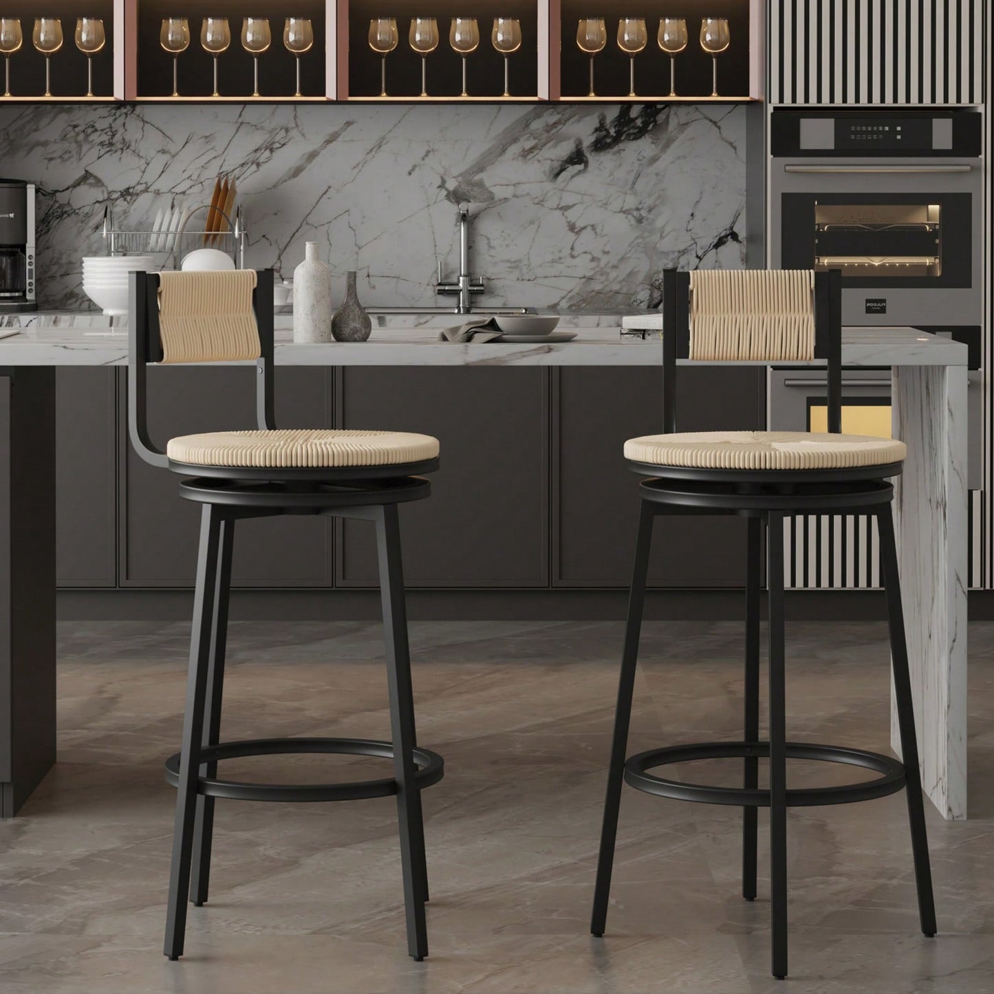 Rustic Swivel Bar Stools Set of 2 Handwoven Back and Seat 360° Counter Chairs for Kitchen Island Black Frame 220lb Capacity