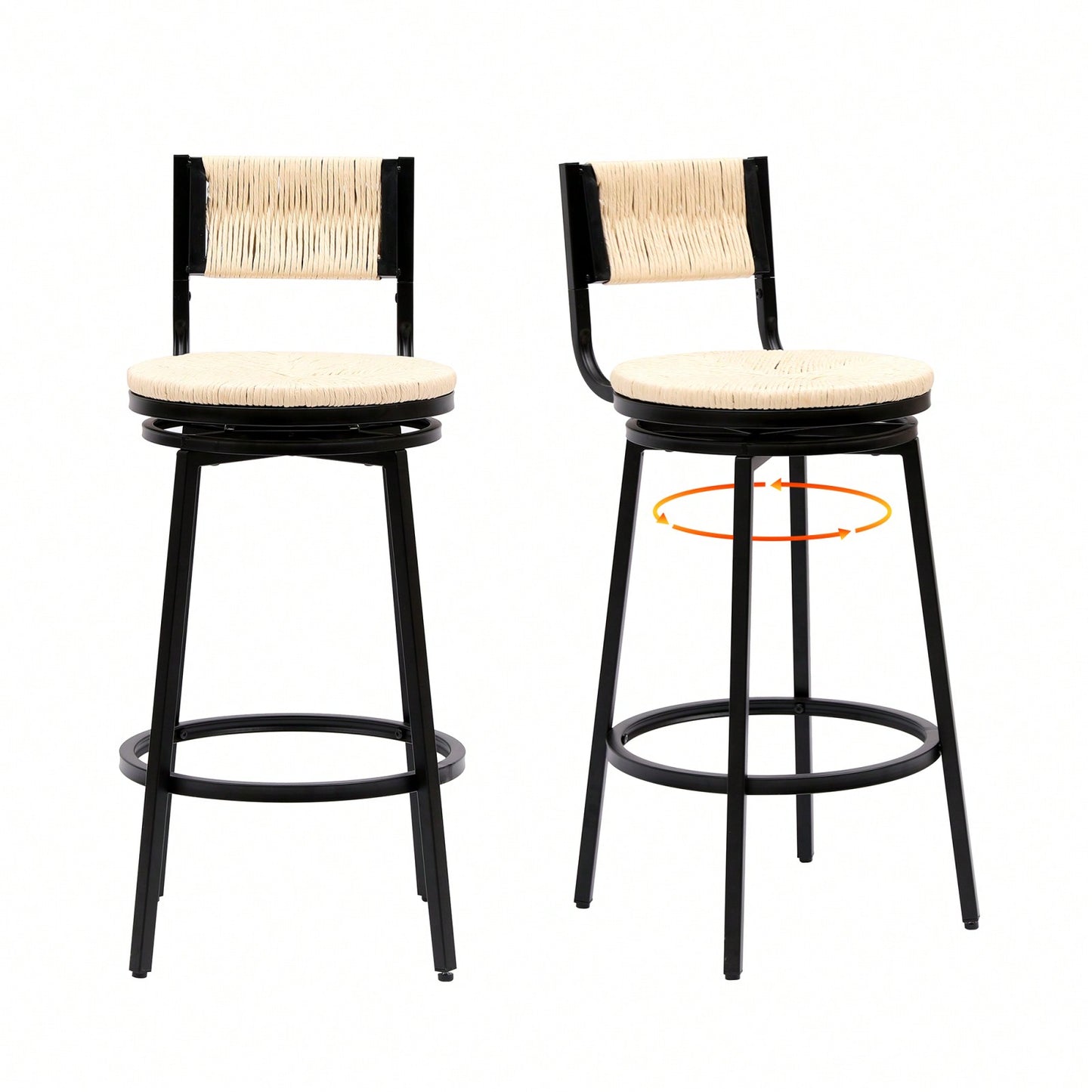 Rustic Swivel Bar Stools Set of 2 Handwoven Back and Seat 360° Counter Chairs for Kitchen Island Black Frame 220lb Capacity