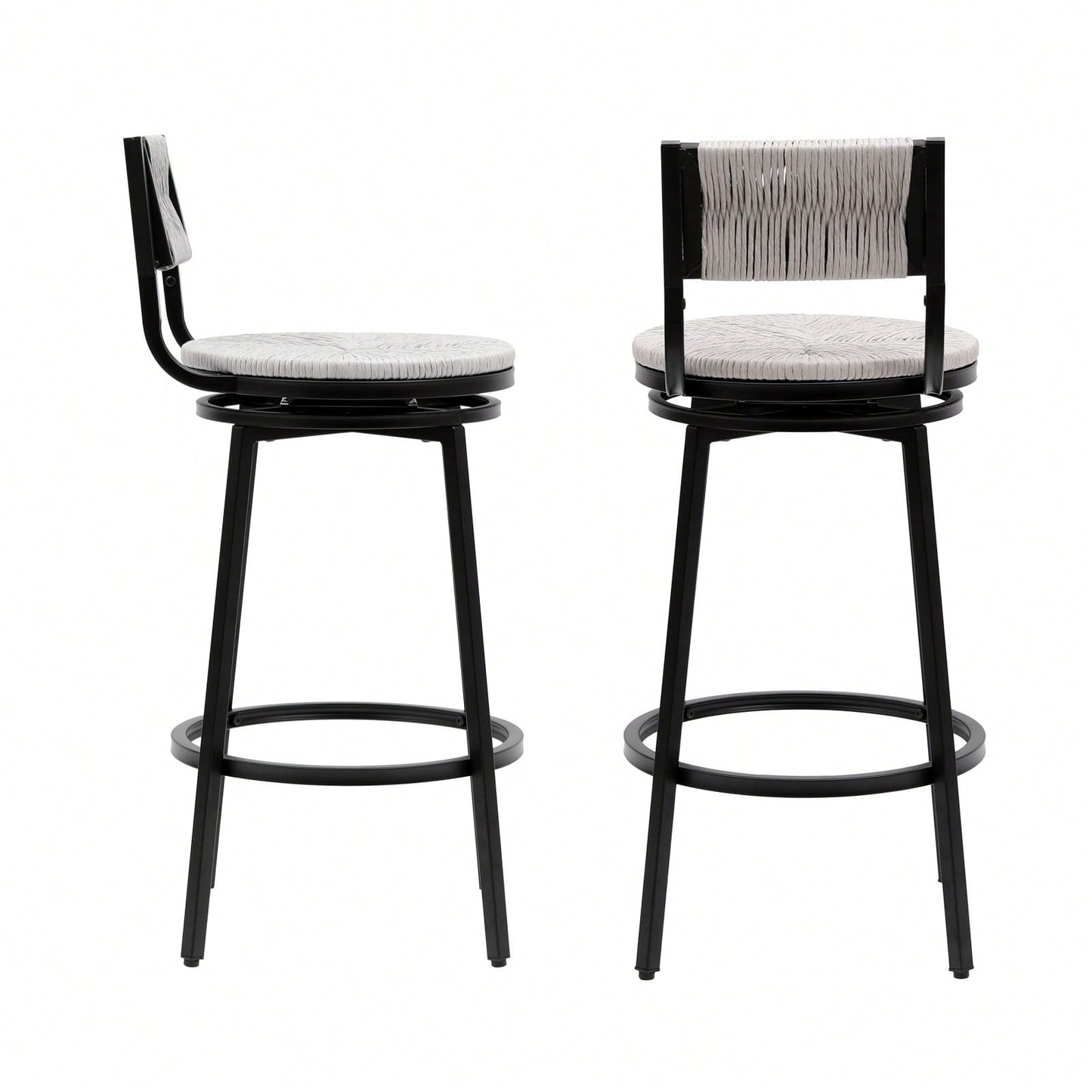 Rustic Swivel Bar Stools Set of 2 Handwoven Back and Seat 360° Counter Chairs for Kitchen Island Black Frame 220lb Capacity