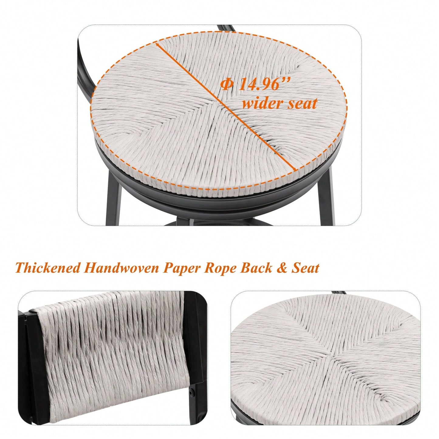 Rustic Swivel Bar Stools Set of 2 Handwoven Back and Seat 360° Counter Chairs for Kitchen Island Black Frame 220lb Capacity