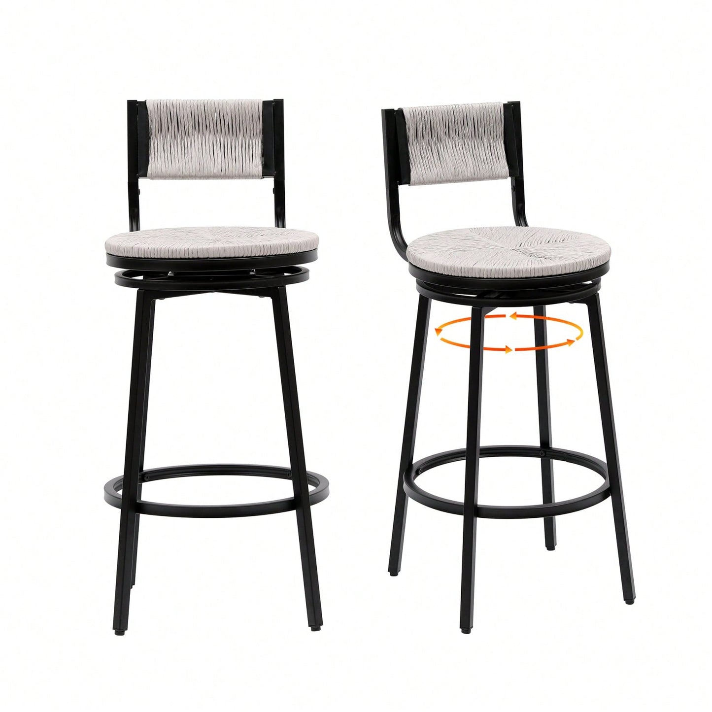 Rustic Swivel Bar Stools Set of 2 Handwoven Back and Seat 360° Counter Chairs for Kitchen Island Black Frame 220lb Capacity