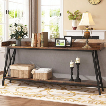 Extra Long Rustic Industrial Console Table For Living Room And Entryway, Narrow Hallway Bar Table - Brown+Black, 70.87 Inch