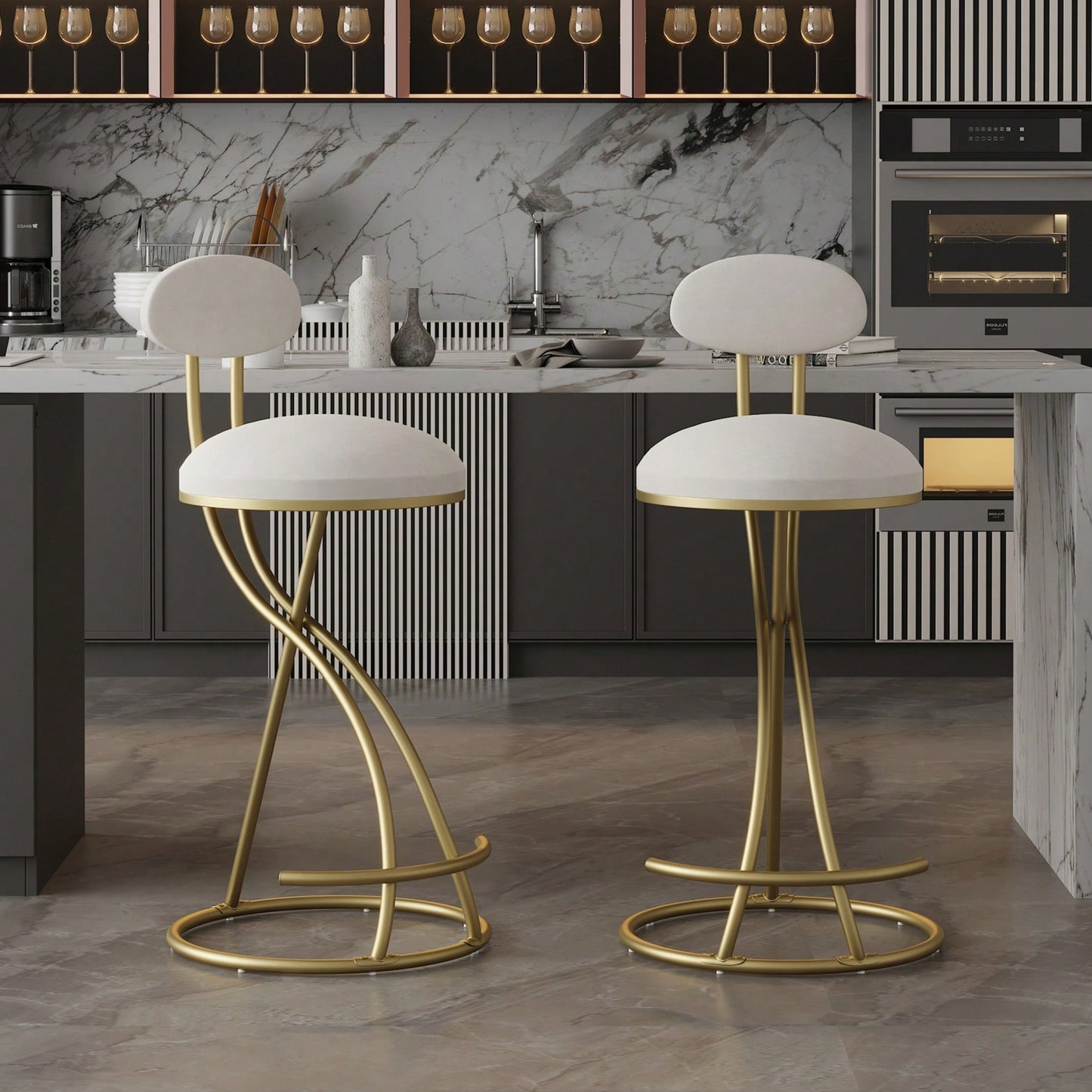 Stylish Velvet Round Bar Stools Set of 2 with Back for Dining Room Kitchen Island Comfortable Seating Durable Metal Frame Easy Assembly