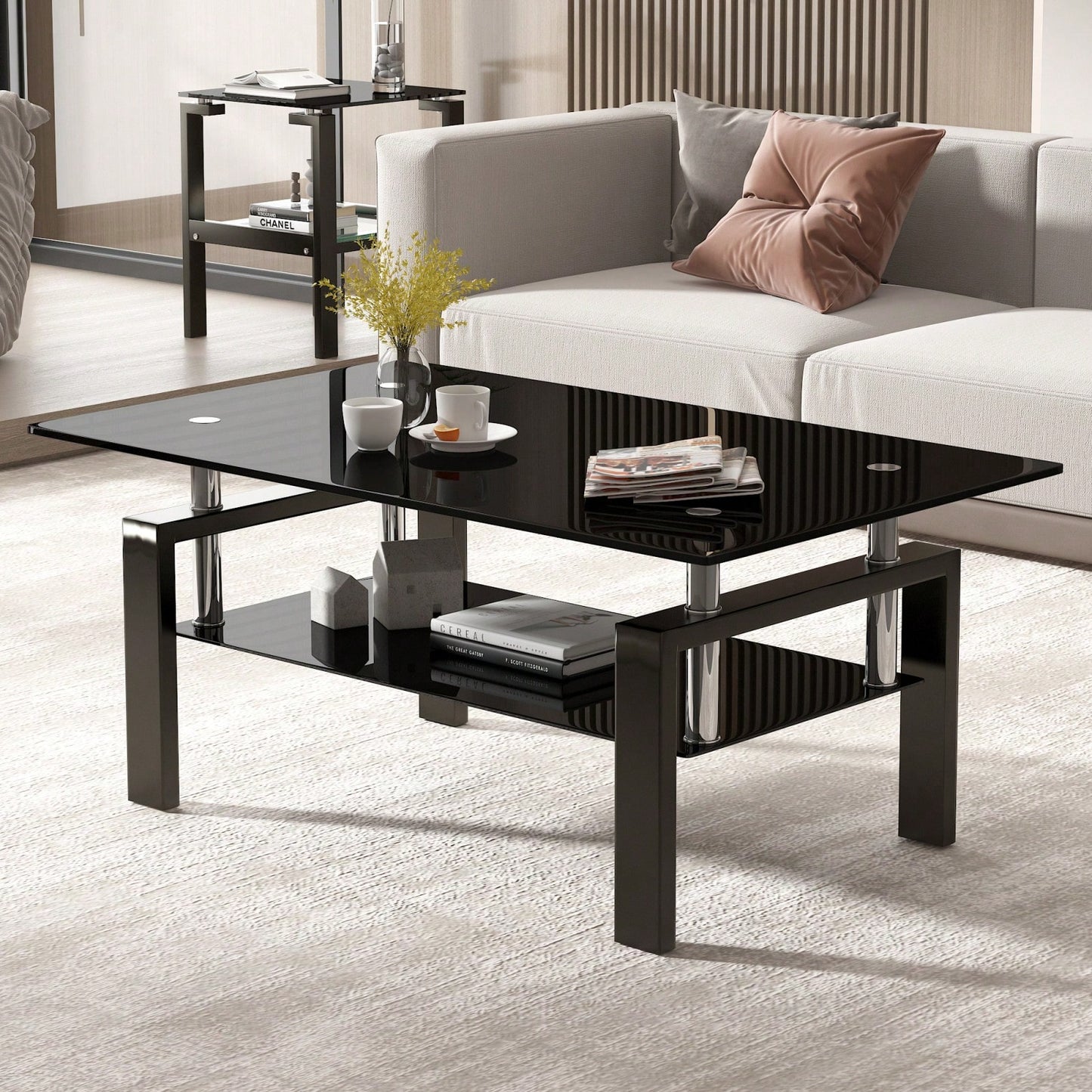 Stylish 2-Tier Tempered Glass Coffee Table for Living Room Office Bedroom Lightweight Durable Easy Assembly 39.37x23.62x17.72