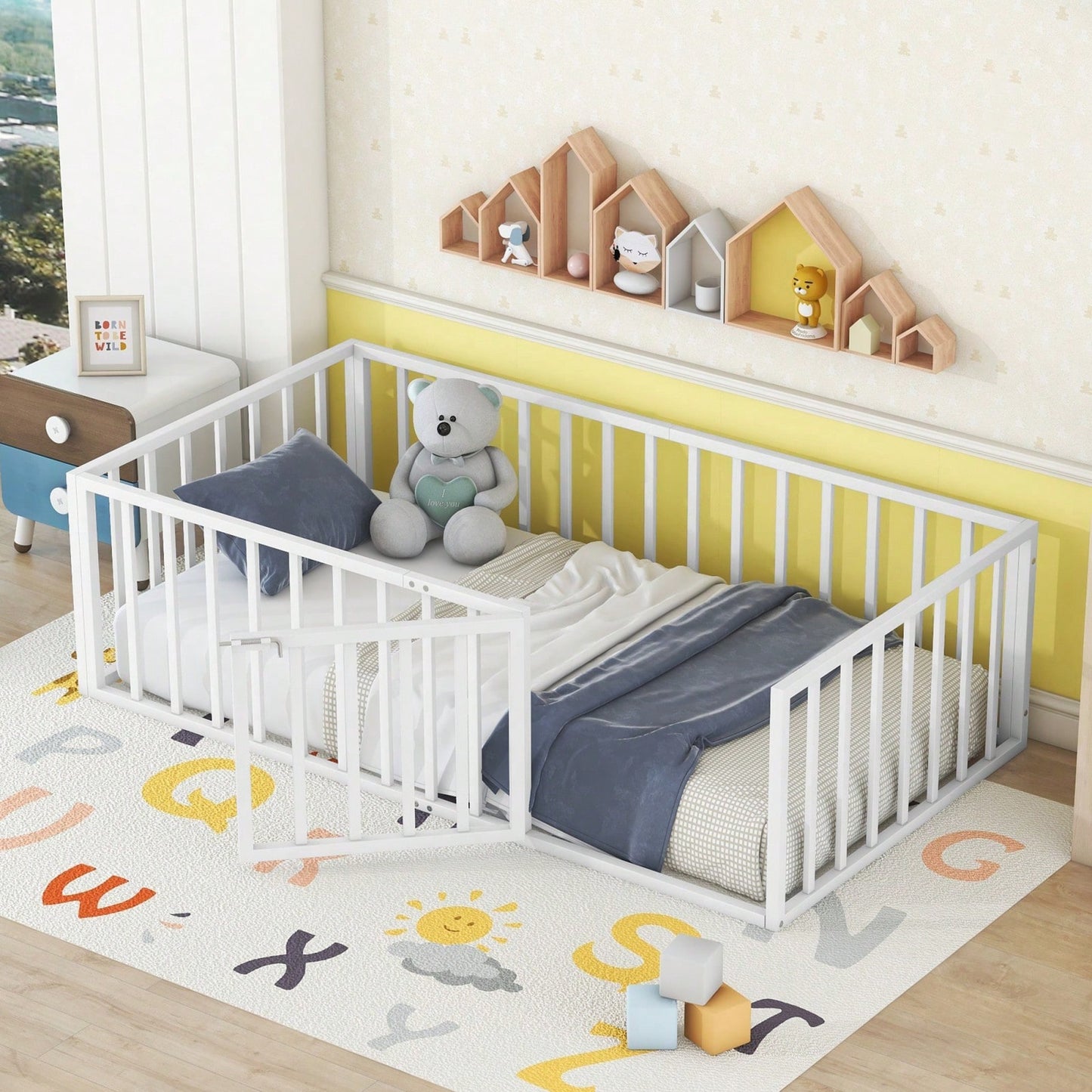 Twin Size Metal Floor Bed Frame with Fence and Door Sturdy Durable Fun Design Easy Assembly Ideal for Play Space