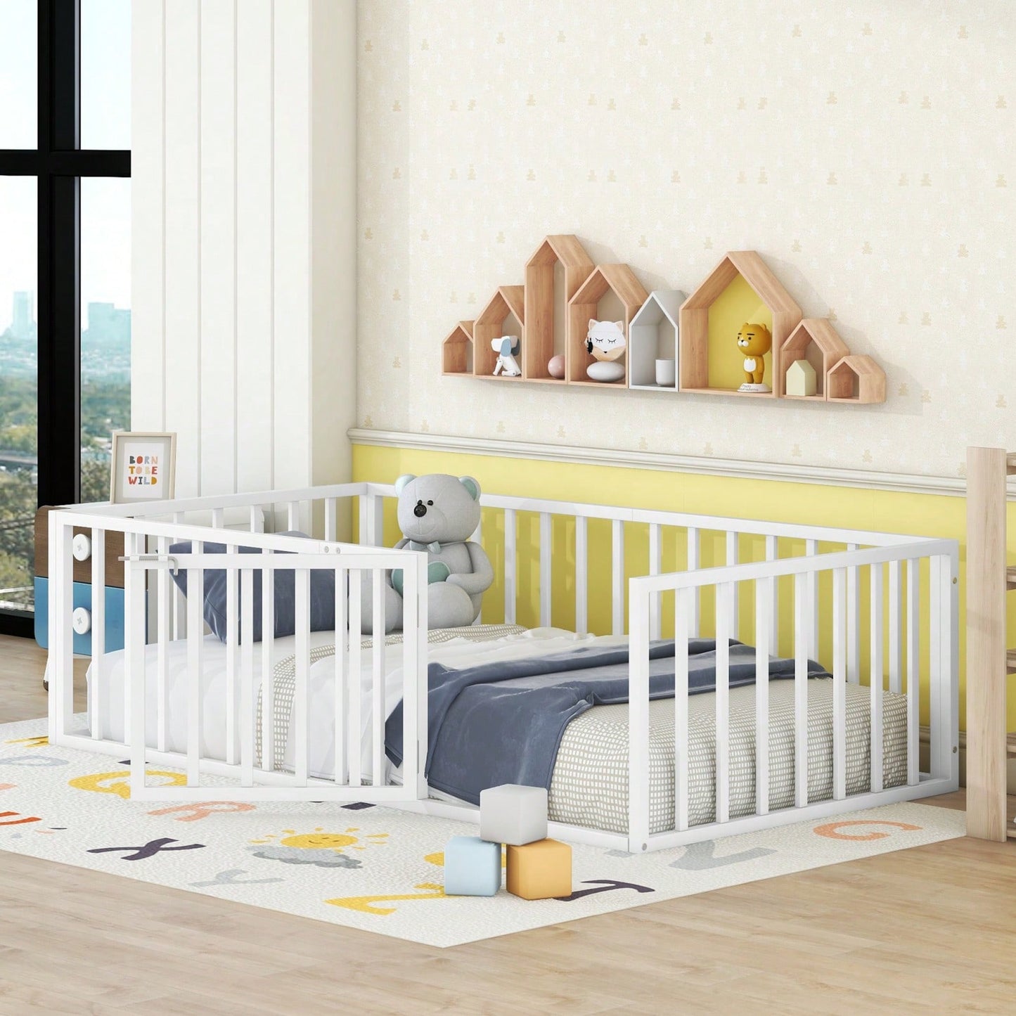 Twin Size Metal Floor Bed Frame with Fence and Door Sturdy Durable Fun Design Easy Assembly Ideal for Play Space