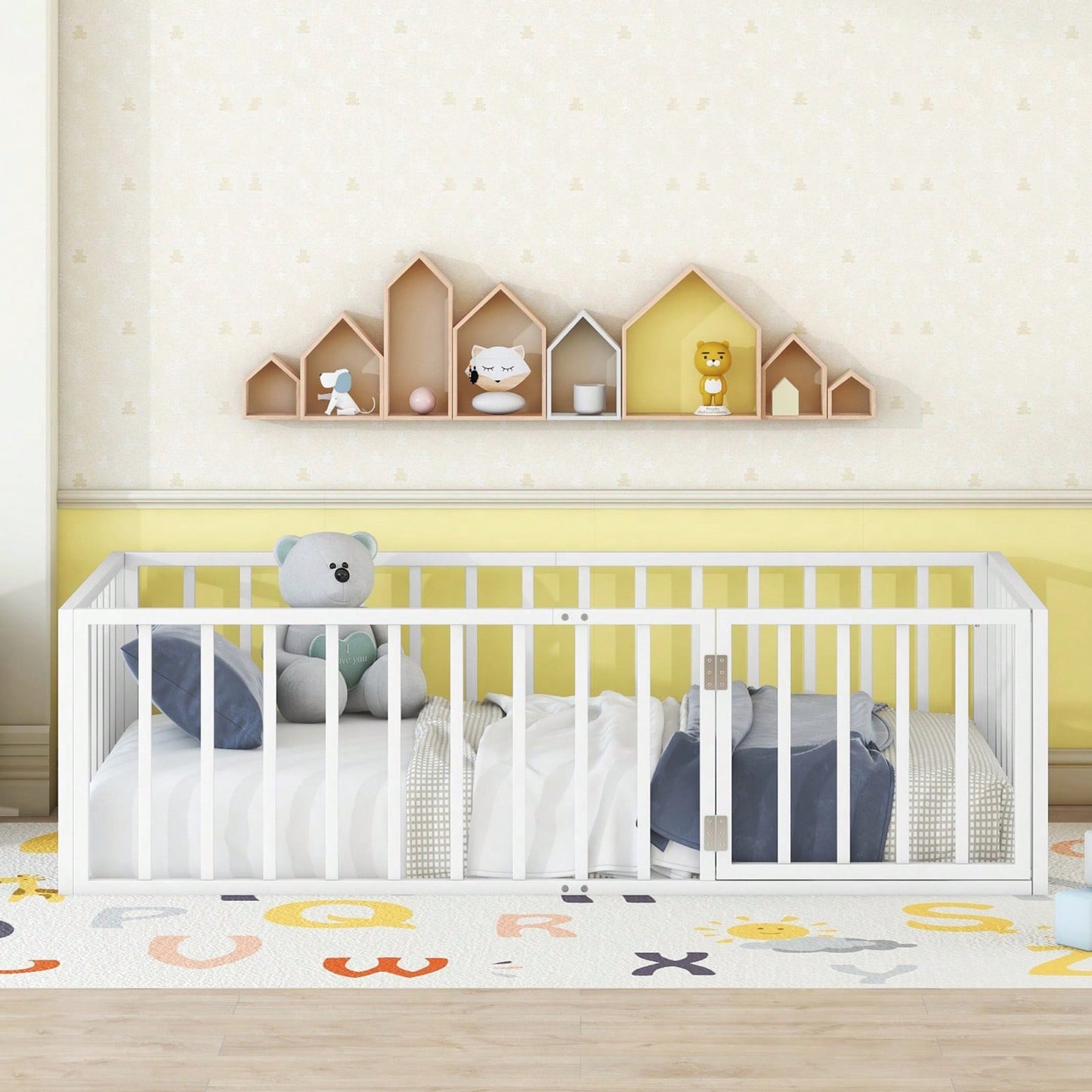 Twin Size Metal Floor Bed Frame with Fence and Door Sturdy Durable Fun Design Easy Assembly Ideal for Play Space
