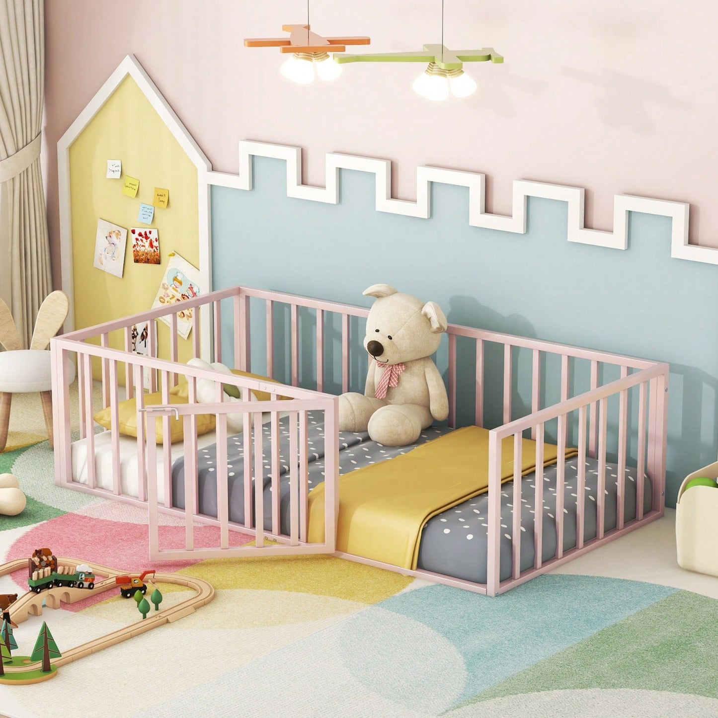 Twin Size Metal Floor Bed Frame with Fence and Door Sturdy Durable Fun Design Easy Assembly Ideal for Play Space