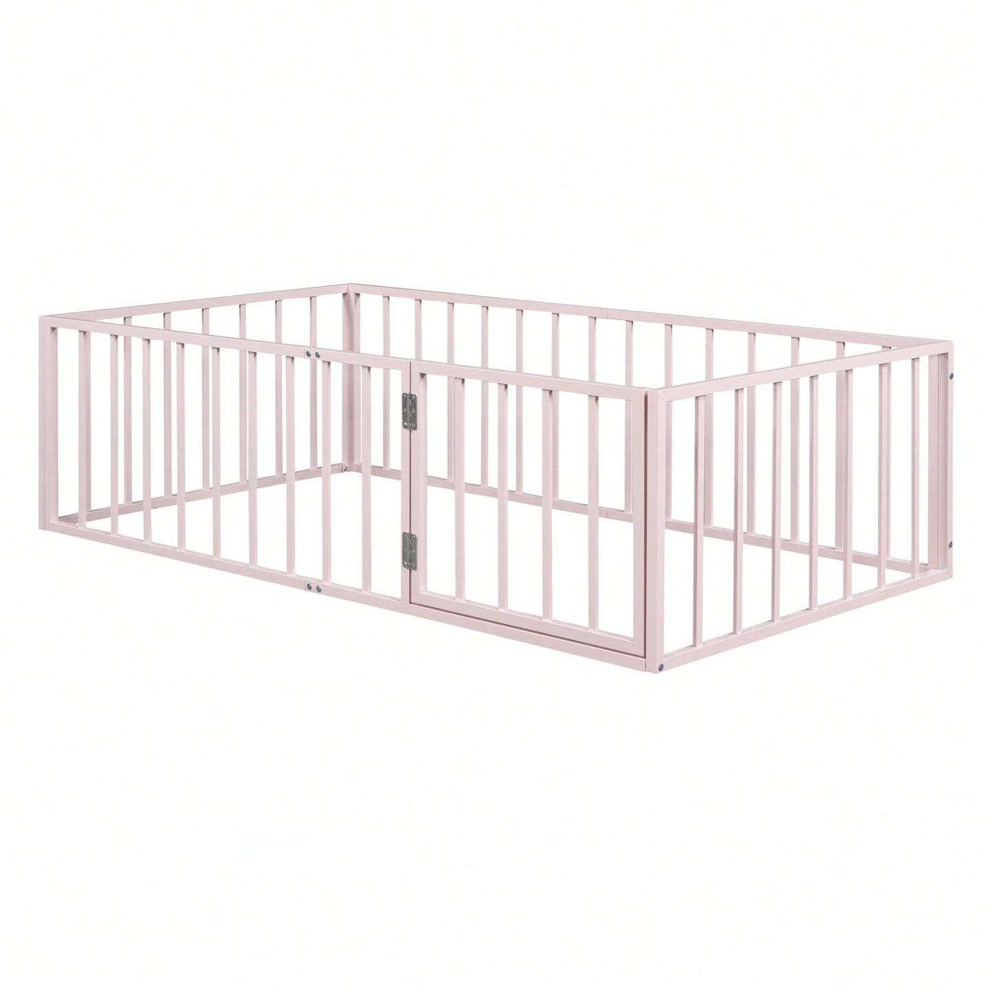 Twin Size Metal Floor Bed Frame with Fence and Door Sturdy Durable Fun Design Easy Assembly Ideal for Play Space