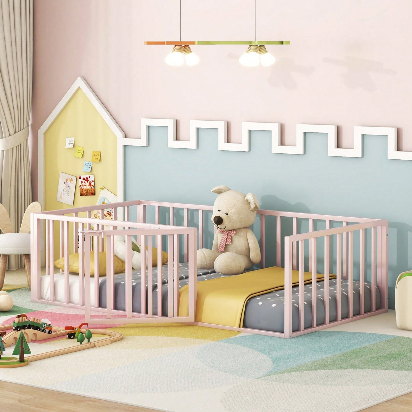 Twin Size Metal Floor Bed Frame with Fence and Door Sturdy Durable Fun Design Easy Assembly Ideal for Play Space