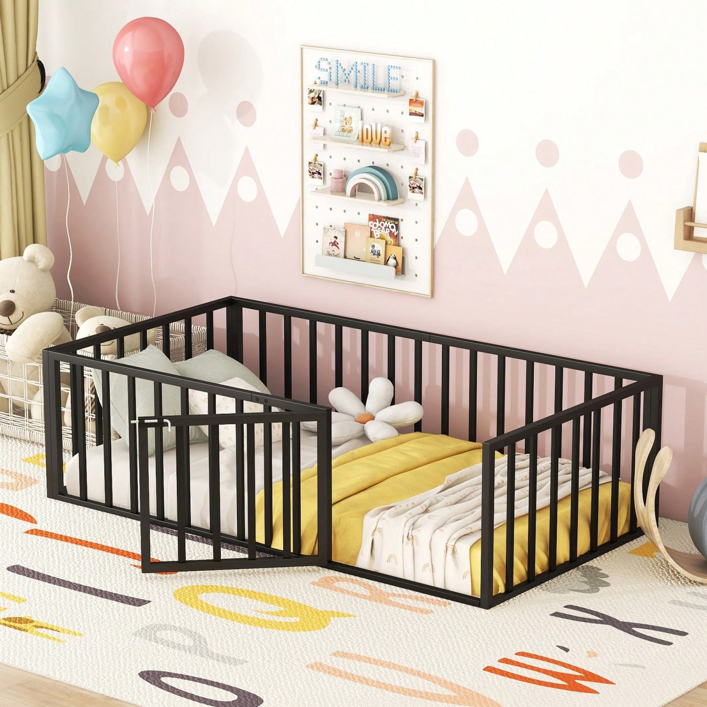 Twin Size Metal Floor Bed Frame with Fence and Door Sturdy Durable Fun Design Easy Assembly Ideal for Play Space