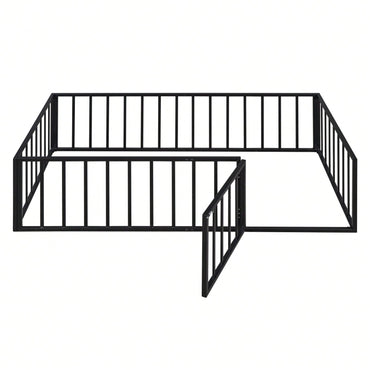 Twin Size Metal Floor Bed Frame with Fence and Door Sturdy Durable Fun Design Easy Assembly Ideal for Play Space