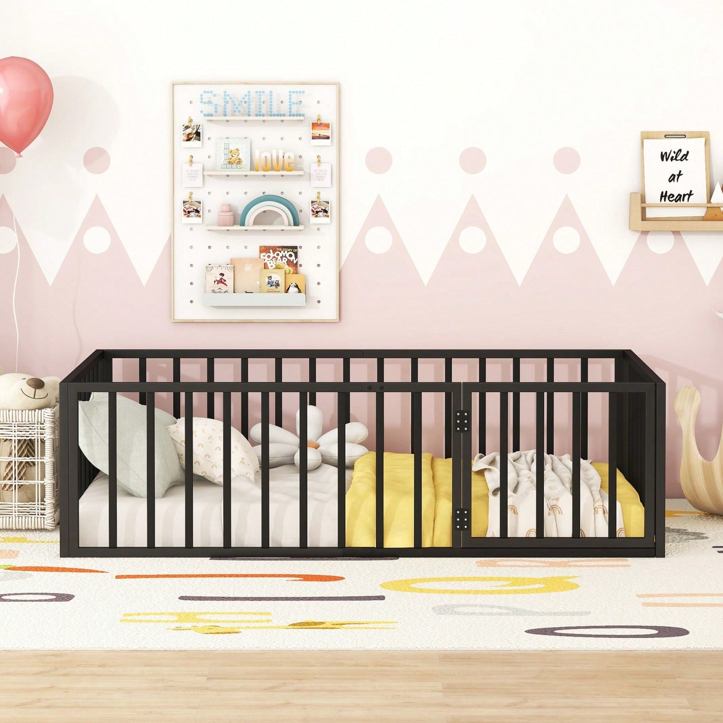 Twin Size Metal Floor Bed Frame with Fence and Door Sturdy Durable Fun Design Easy Assembly Ideal for Play Space
