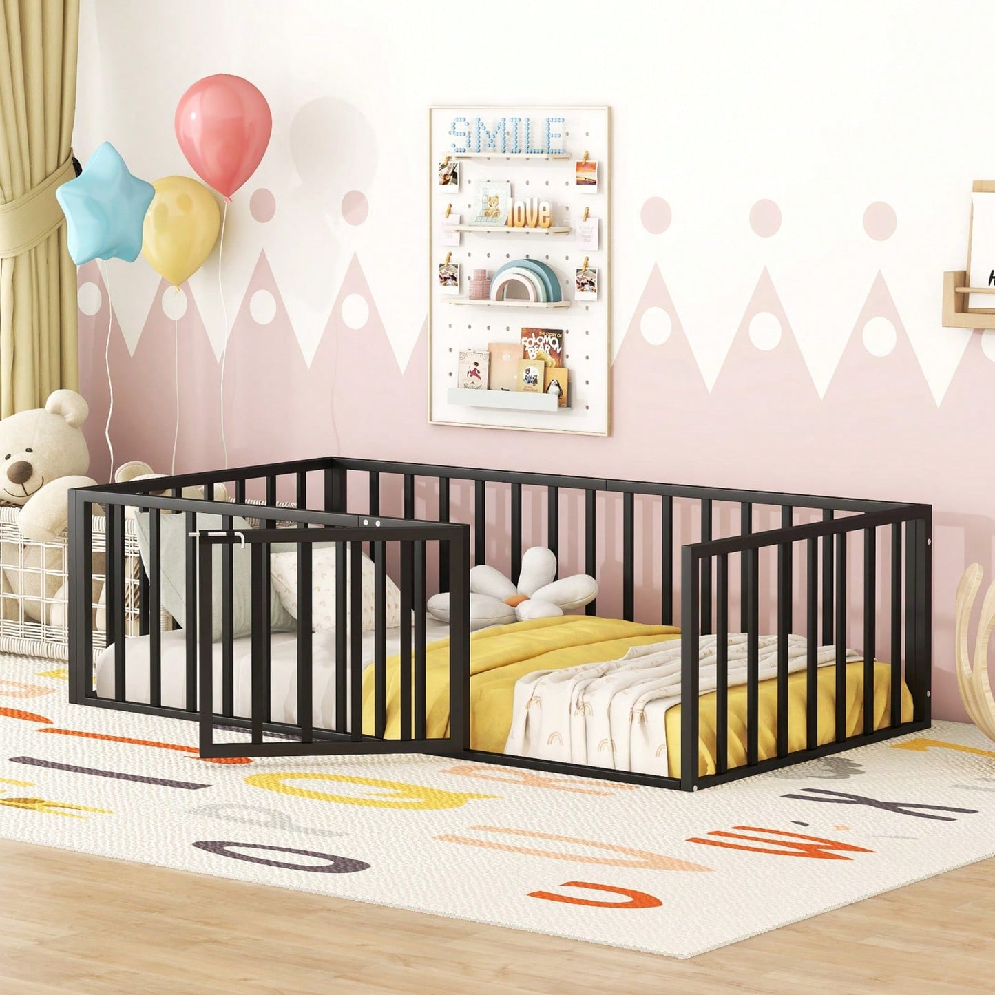 Twin Size Metal Floor Bed Frame with Fence and Door Sturdy Durable Fun Design Easy Assembly Ideal for Play Space