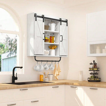 Rustic Farmhouse Sliding Barn Door Storage Cabinet - 3-Tier Vintage White Organizer for Kitchen Bathroom Living Room