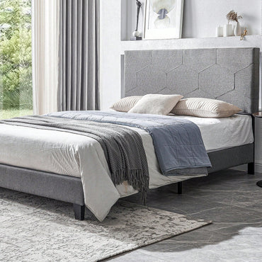 Modern Grey Queen Size Upholstered Platform Bed Frame with Wood Slat Support No Box Spring Needed Easy Assembly