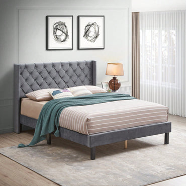 Charcoal Gray Velvet Tufted Wingback Queen Bed Frame with Strong Wooden Slats Easy Assembly No Box Spring Needed