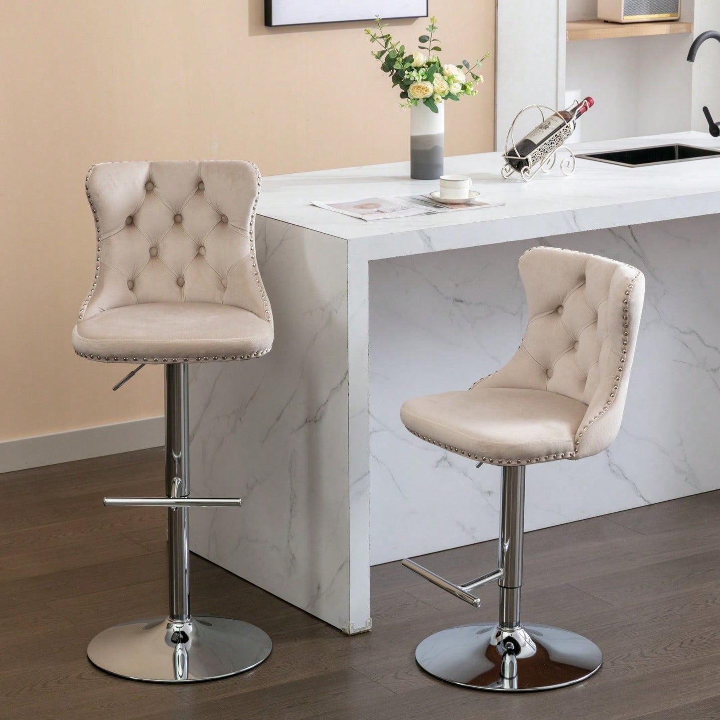 Set of 2 Adjustable Velvet Bar Stools with Backrest Chrome Base Comfortable Tufted Design for Kitchen Island and Home Pub