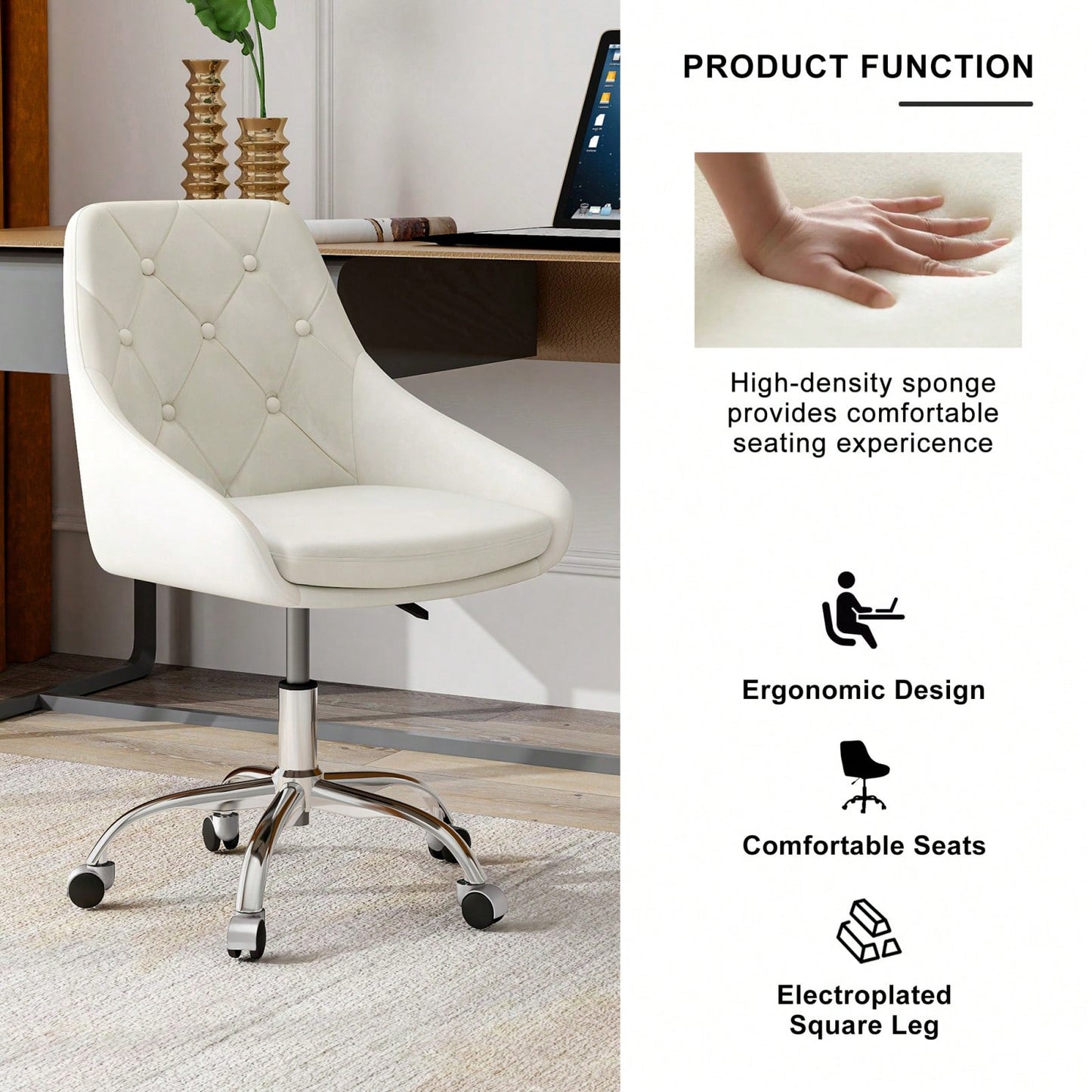 Modern Velvet Fabric Dining Chair, Chrome Legs Living Room Furniture, Comfortable And Adjustable Seat, Space Saving, Set Of 1