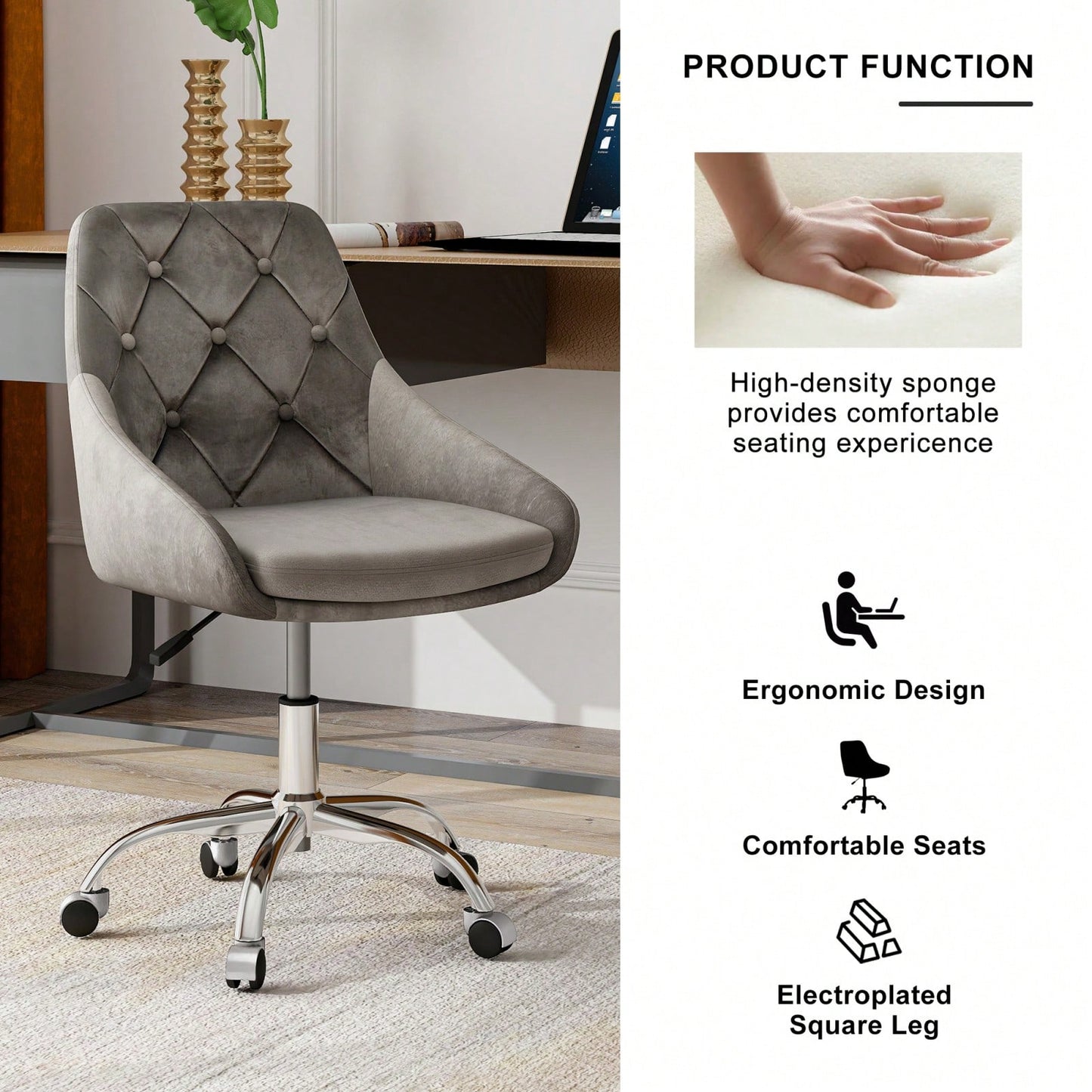 Modern Velvet Fabric Dining Chair, Chrome Legs Living Room Furniture, Comfortable And Adjustable Seat, Space Saving, Set Of 1