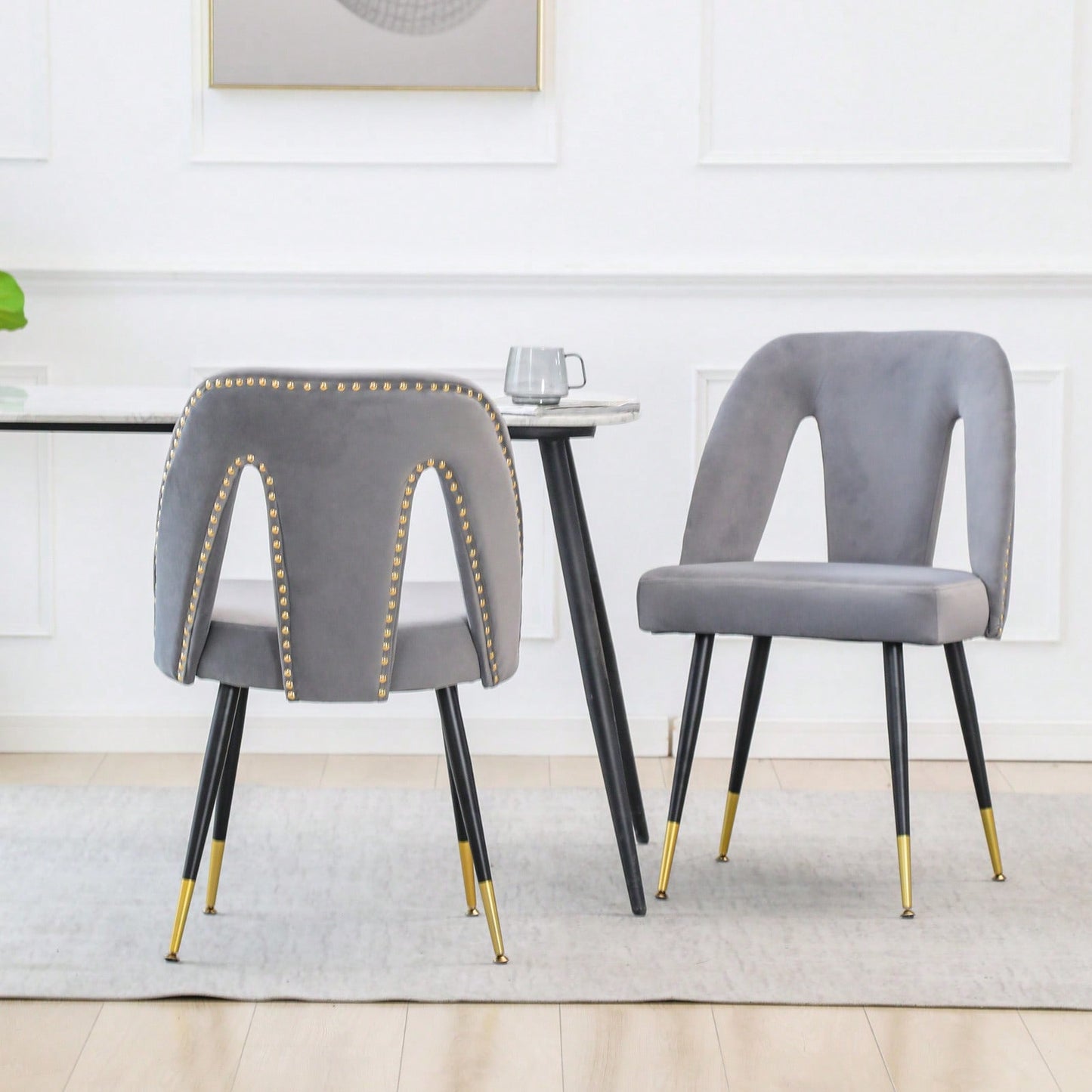 Gray Velvet Dining Chairs Set of 2 with Nailhead Trim and Gold Tipped Legs for Modern Home Decor