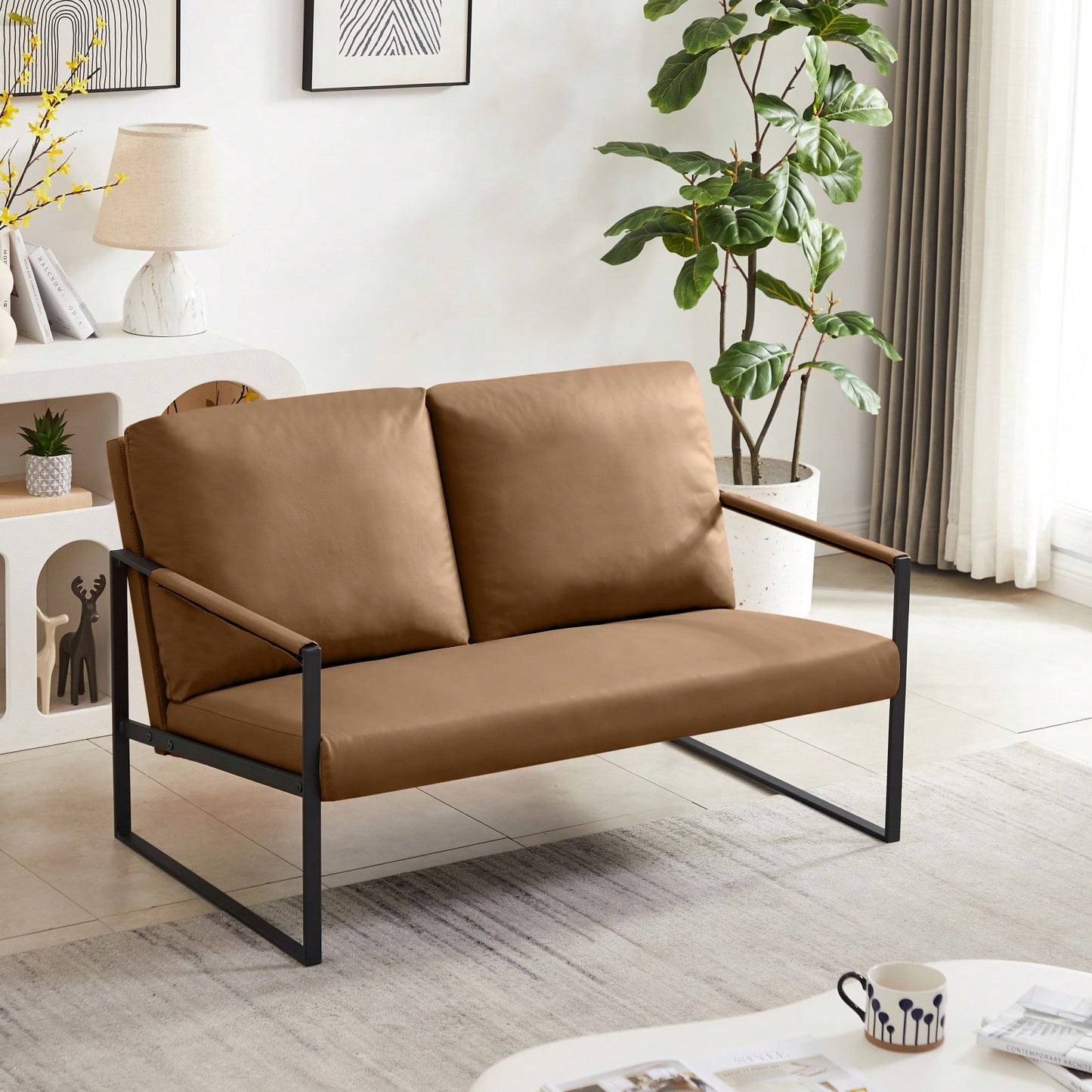 Modern Leather Accent Armchair with Thick Padded Backrest and Seat Cushion Sturdy Metal Frame for Office Living Room or Lounge