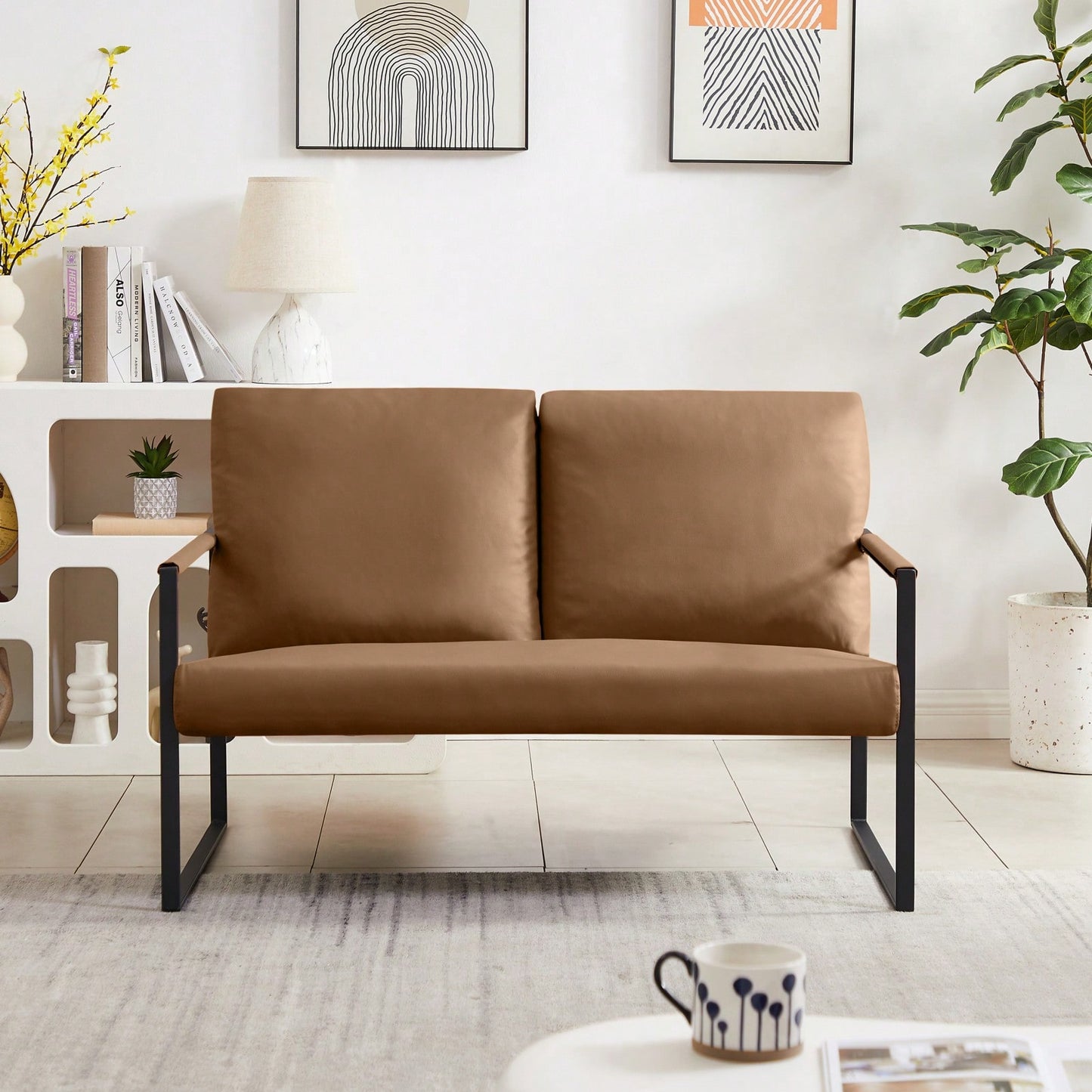 Modern Leather Accent Armchair with Thick Padded Backrest and Seat Cushion Sturdy Metal Frame for Office Living Room or Lounge