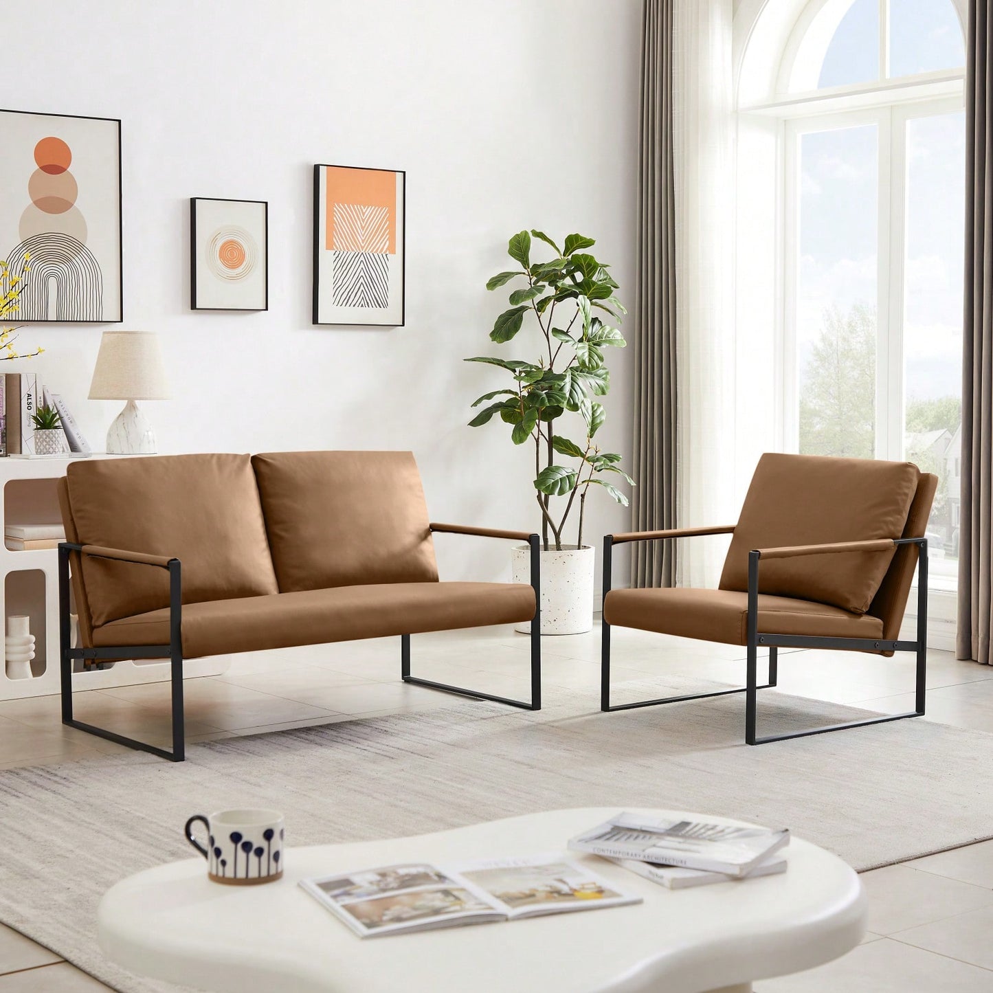 Modern Leather Accent Armchair with Thick Padded Backrest and Seat Cushion Sturdy Metal Frame for Office Living Room or Lounge