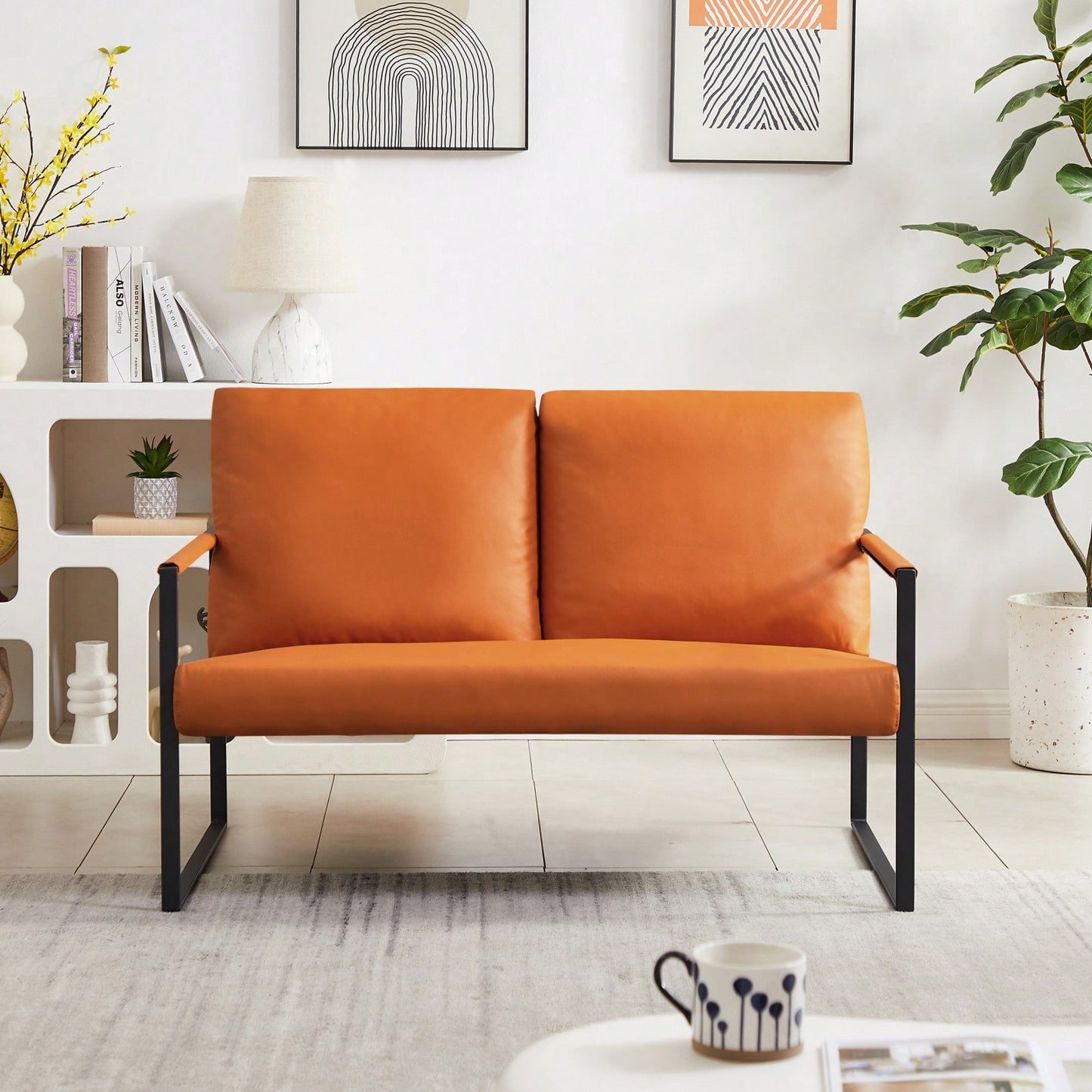 Modern Leather Accent Armchair with Thick Padded Backrest and Seat Cushion Sturdy Metal Frame for Office Living Room or Lounge