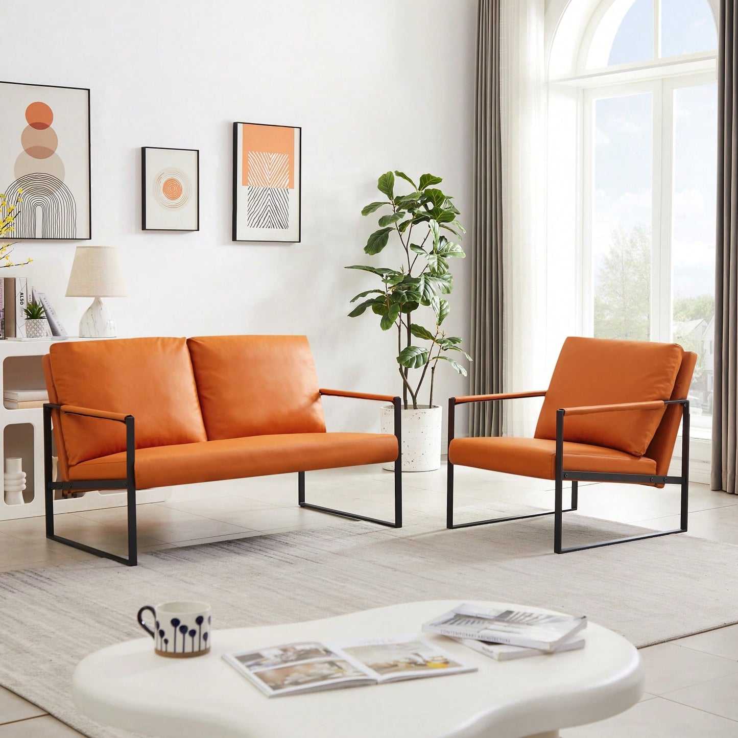 Modern Leather Accent Armchair with Thick Padded Backrest and Seat Cushion Sturdy Metal Frame for Office Living Room or Lounge