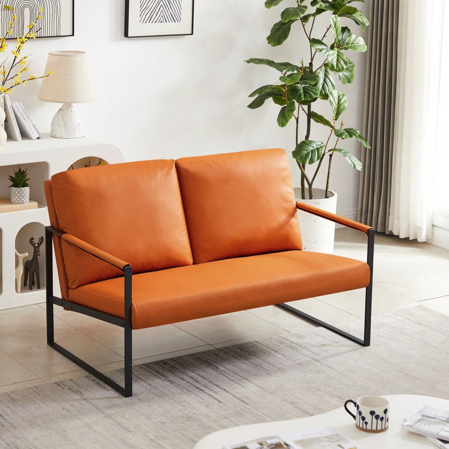 Modern Leather Accent Armchair with Thick Padded Backrest and Seat Cushion Sturdy Metal Frame for Office Living Room or Lounge