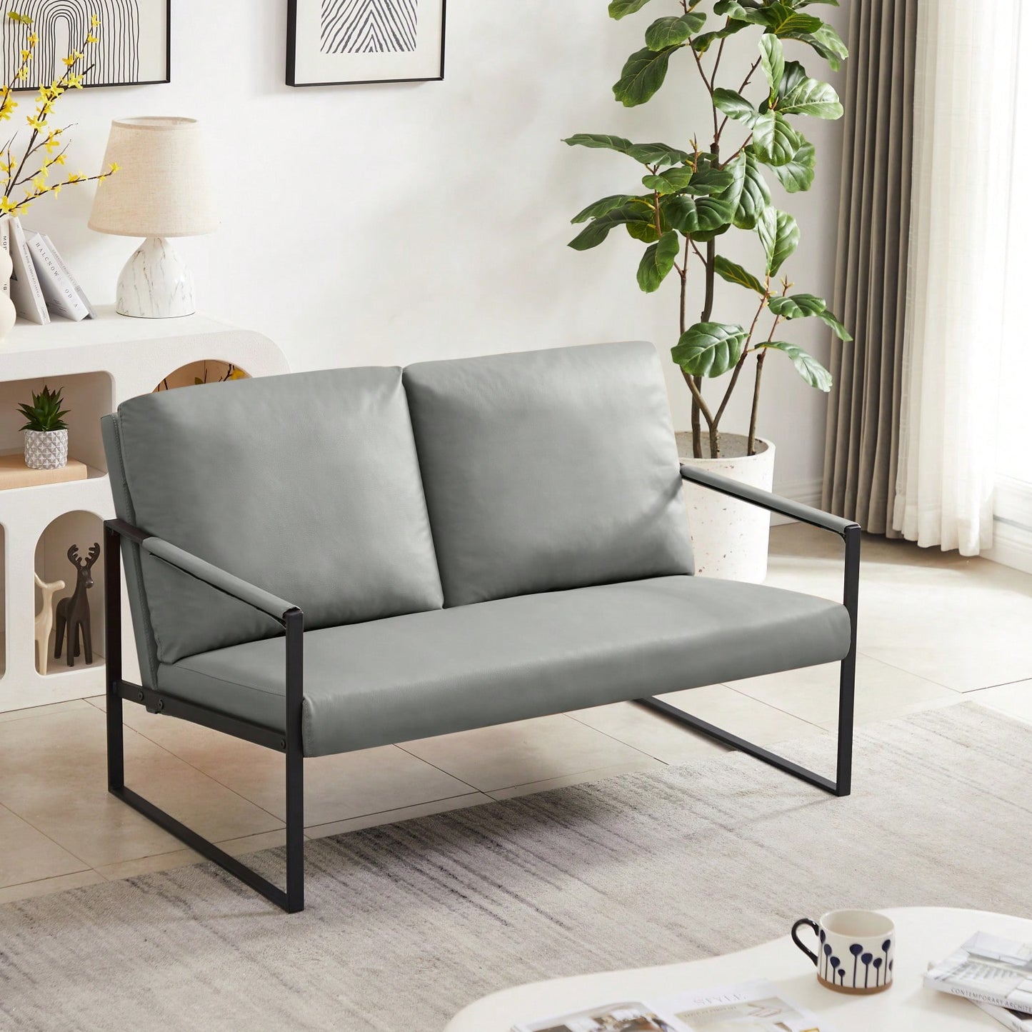 Modern Leather Accent Armchair with Thick Padded Backrest and Seat Cushion Sturdy Metal Frame for Office Living Room or Lounge