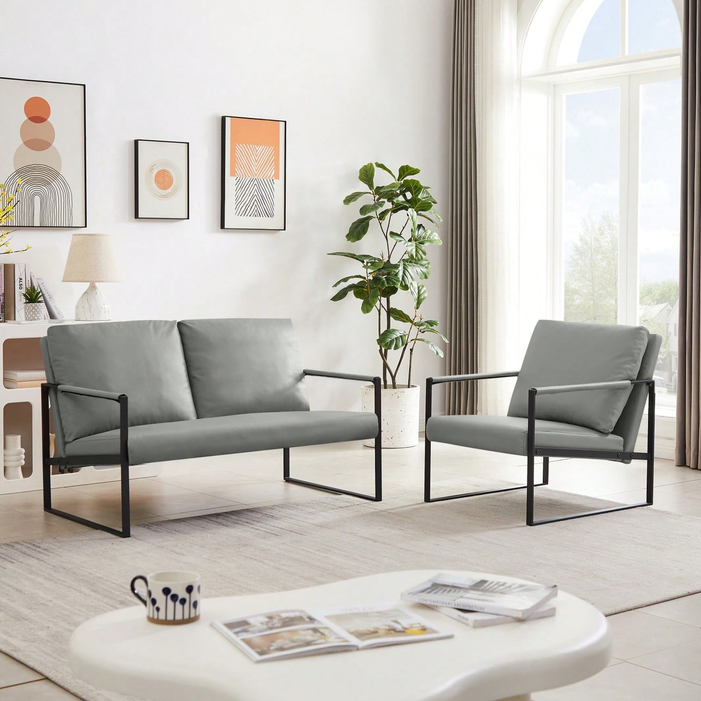 Modern Leather Accent Armchair with Thick Padded Backrest and Seat Cushion Sturdy Metal Frame for Office Living Room or Lounge