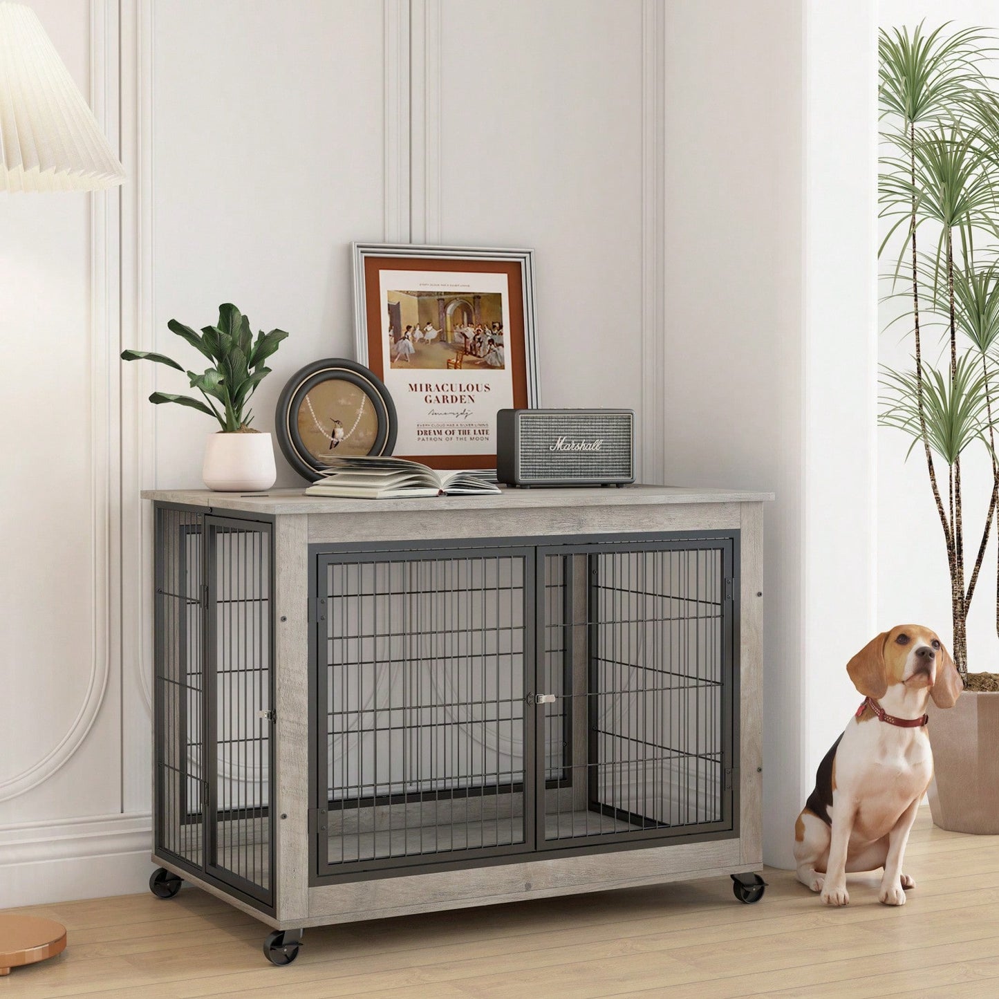 Modern Grey Dog Crate Side Table with Double Doors and Lift Top for Medium Dogs up to 70 lbs Stylish Indoor Kennel on Wheels