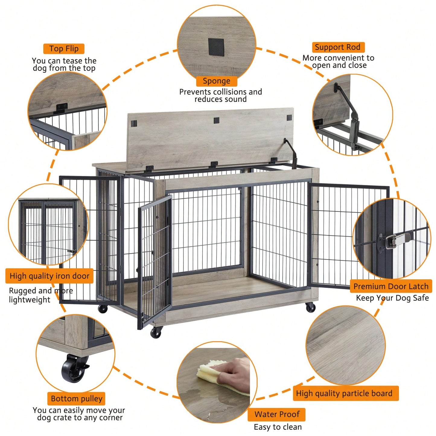 Modern Grey Dog Crate Side Table with Double Doors and Lift Top for Medium Dogs up to 70 lbs Stylish Indoor Kennel on Wheels