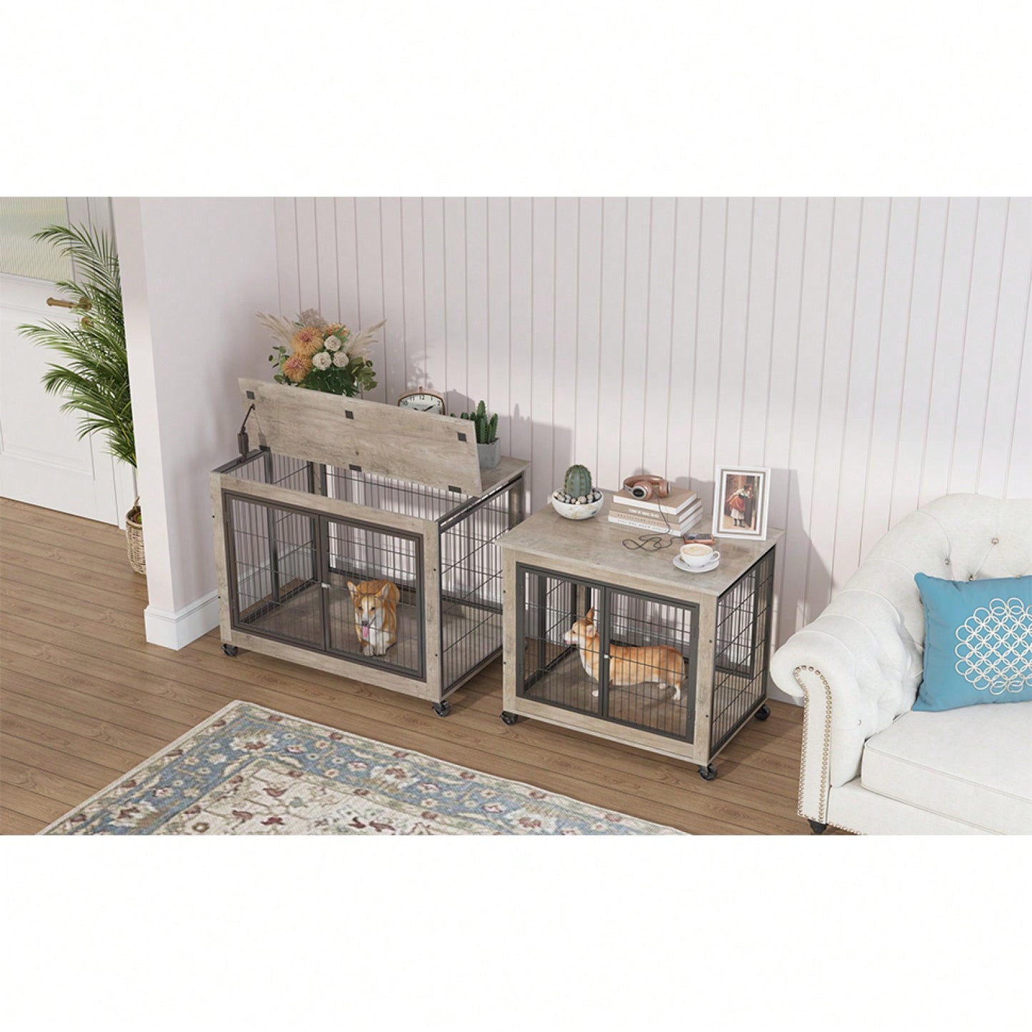 Modern Grey Dog Crate Side Table with Double Doors and Lift Top for Medium Dogs up to 70 lbs Stylish Indoor Kennel on Wheels