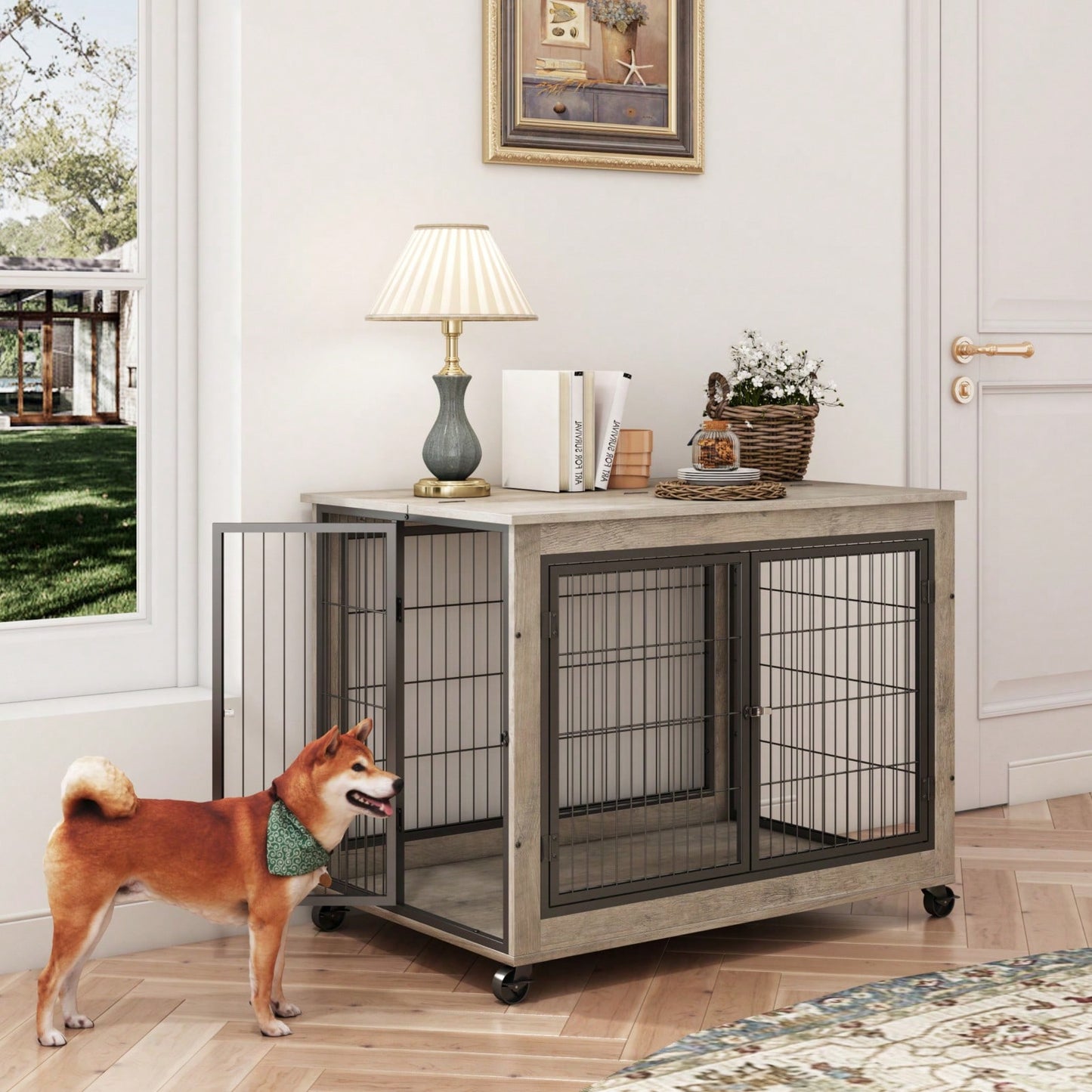 Modern Grey Dog Crate Side Table with Double Doors and Lift Top for Medium Dogs up to 70 lbs Stylish Indoor Kennel on Wheels