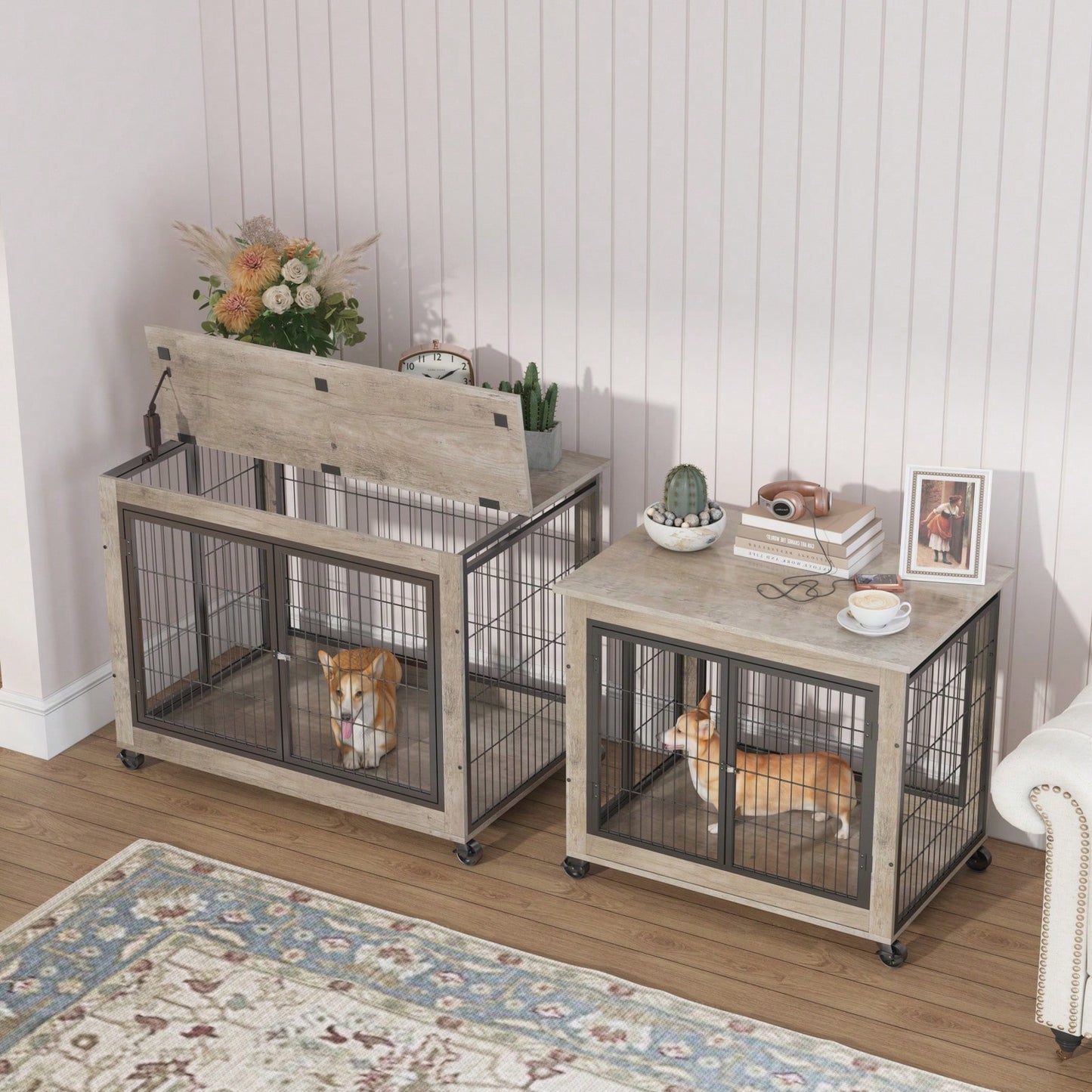 Modern Grey Dog Crate Side Table with Double Doors and Lift Top for Medium Dogs up to 70 lbs Stylish Indoor Kennel on Wheels