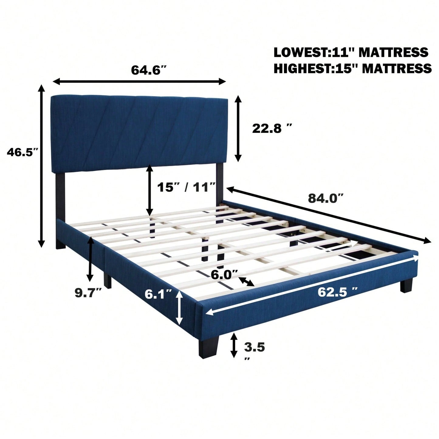 Modern Queen Size Upholstered Bed Frame Adjustable Stain Resistant Durable Easy Assembly No Box Spring Needed Storage Gap
