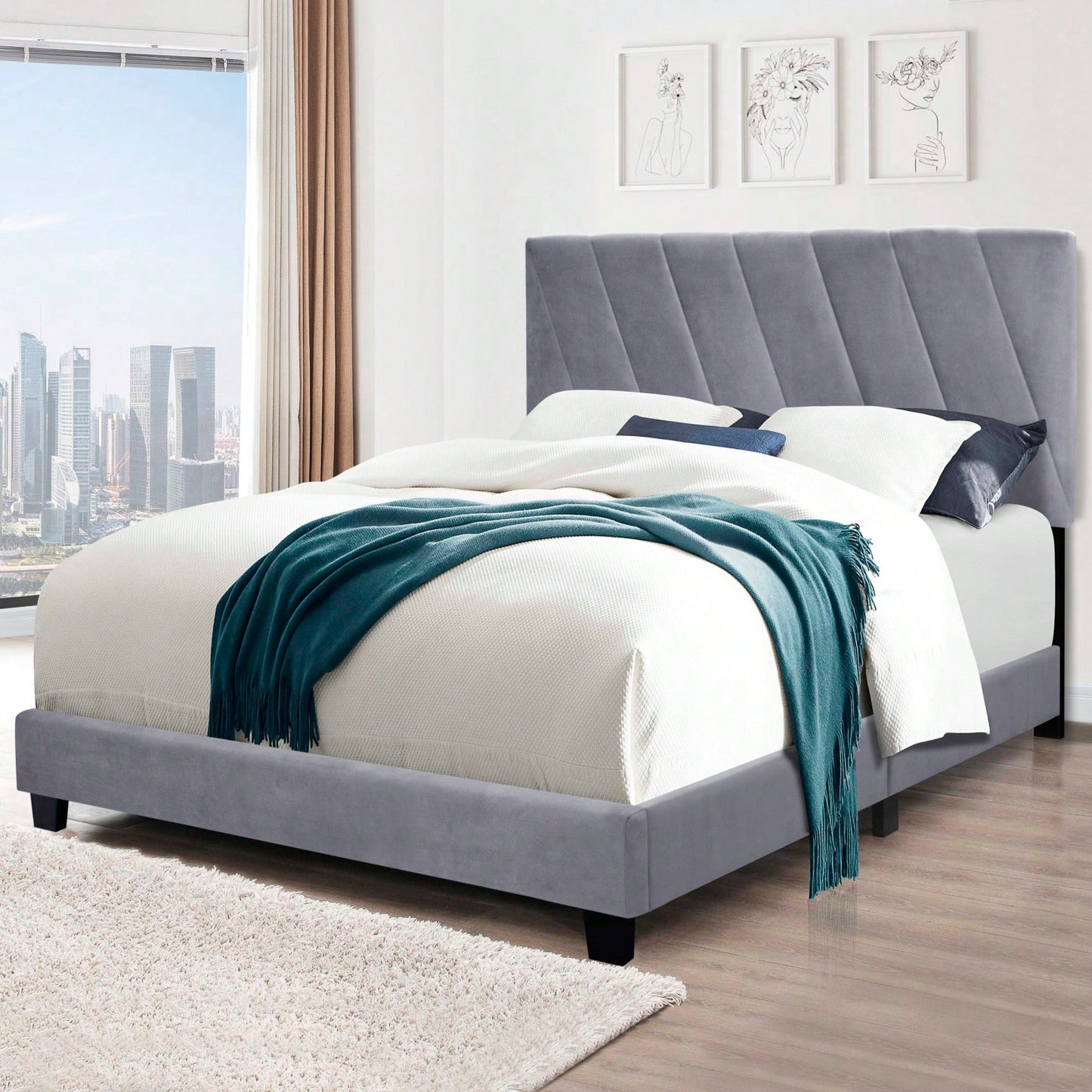 Modern Queen Size Upholstered Bed Frame Adjustable Stain Resistant Durable Easy Assembly No Box Spring Needed Storage Gap