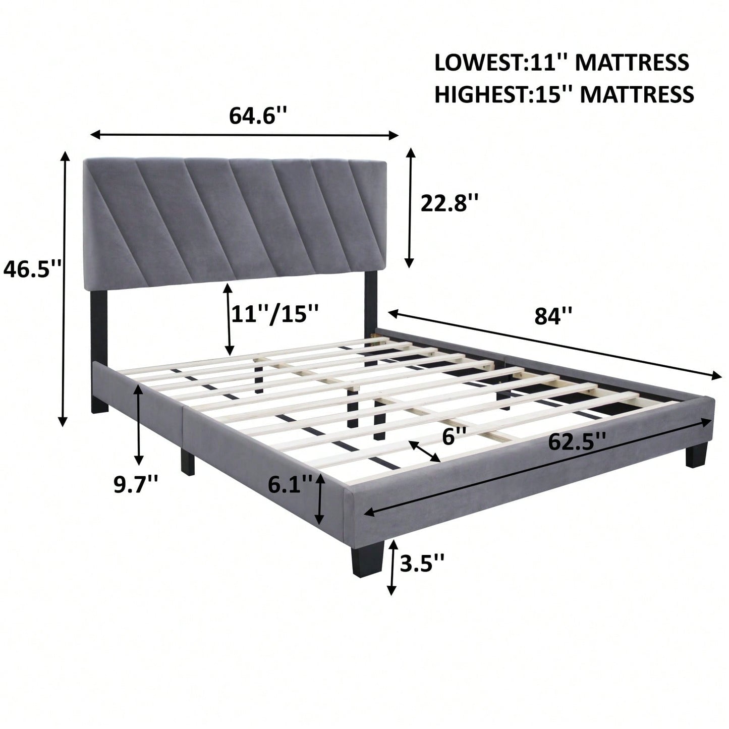 Modern Queen Size Upholstered Bed Frame Adjustable Stain Resistant Durable Easy Assembly No Box Spring Needed Storage Gap