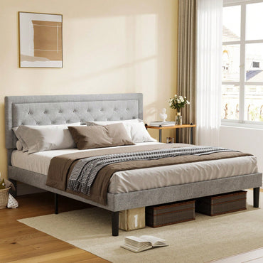Light Grey Queen Bed Frame with Adjustable Headboard Wooden Slats Center Support 705 Lbs Capacity Noiseless Design Easy 30 Min Assembly