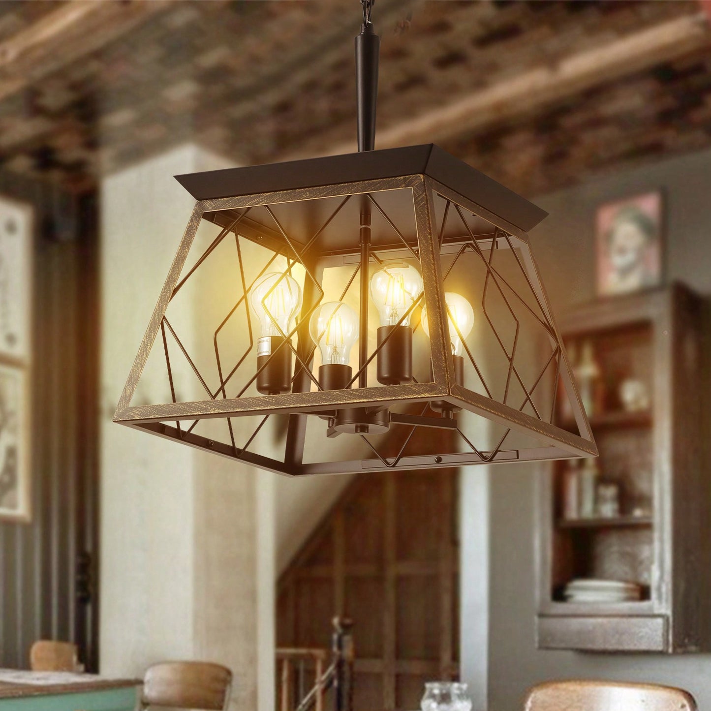 Farmhouse Chandelier 4-Light Vintage Antique Fixture For Kitchen, Dining Room, And Living Room In Golden Black