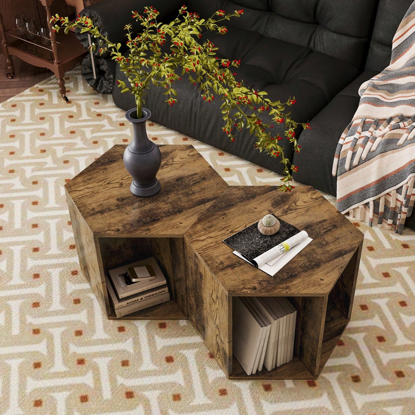 Hexagonal Coffee and Nightstand Table Set 2PCS Stylish MDF Furniture with Storage for Living Room and Bedroom