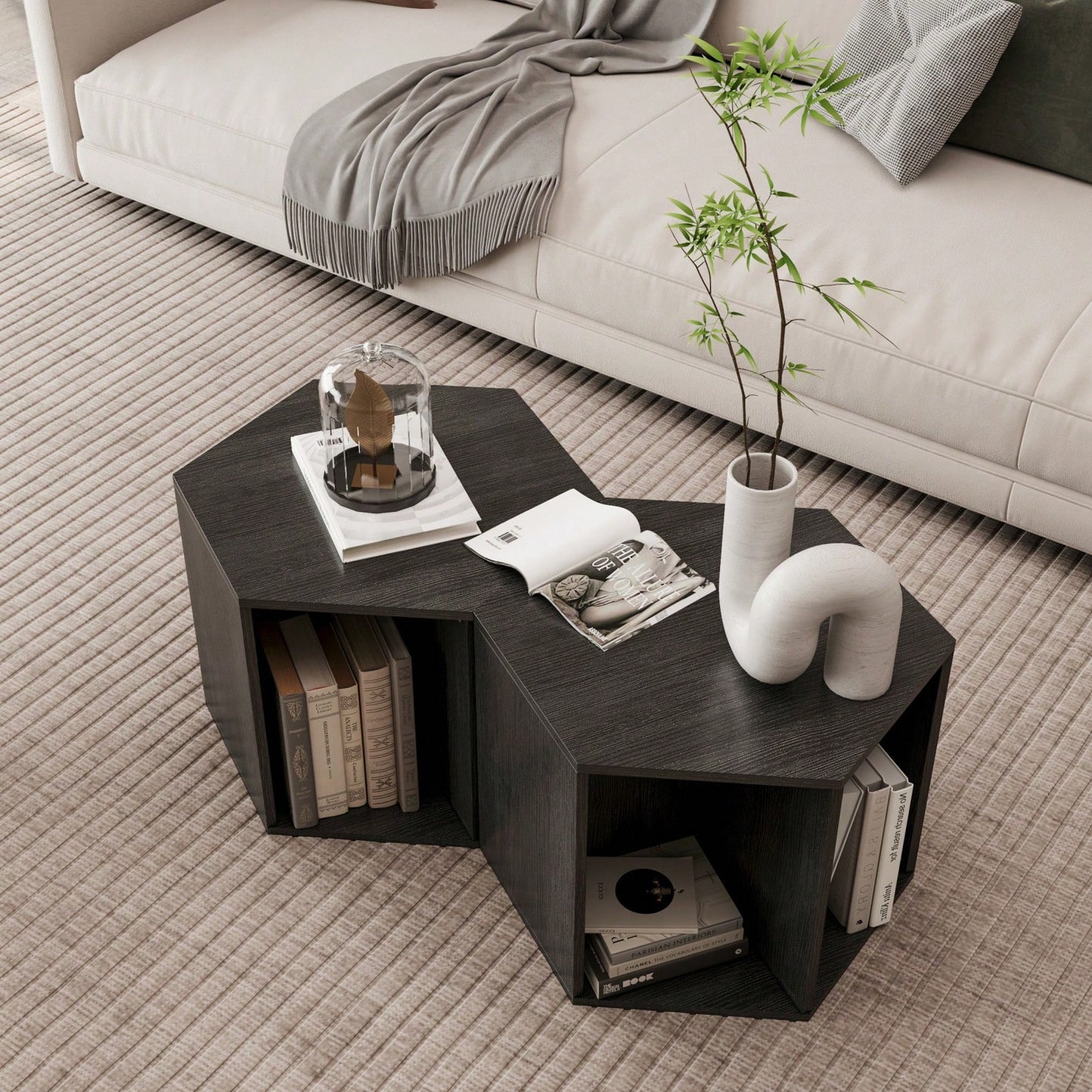 Hexagonal Coffee and Nightstand Table Set 2PCS Stylish MDF Furniture with Storage for Living Room and Bedroom