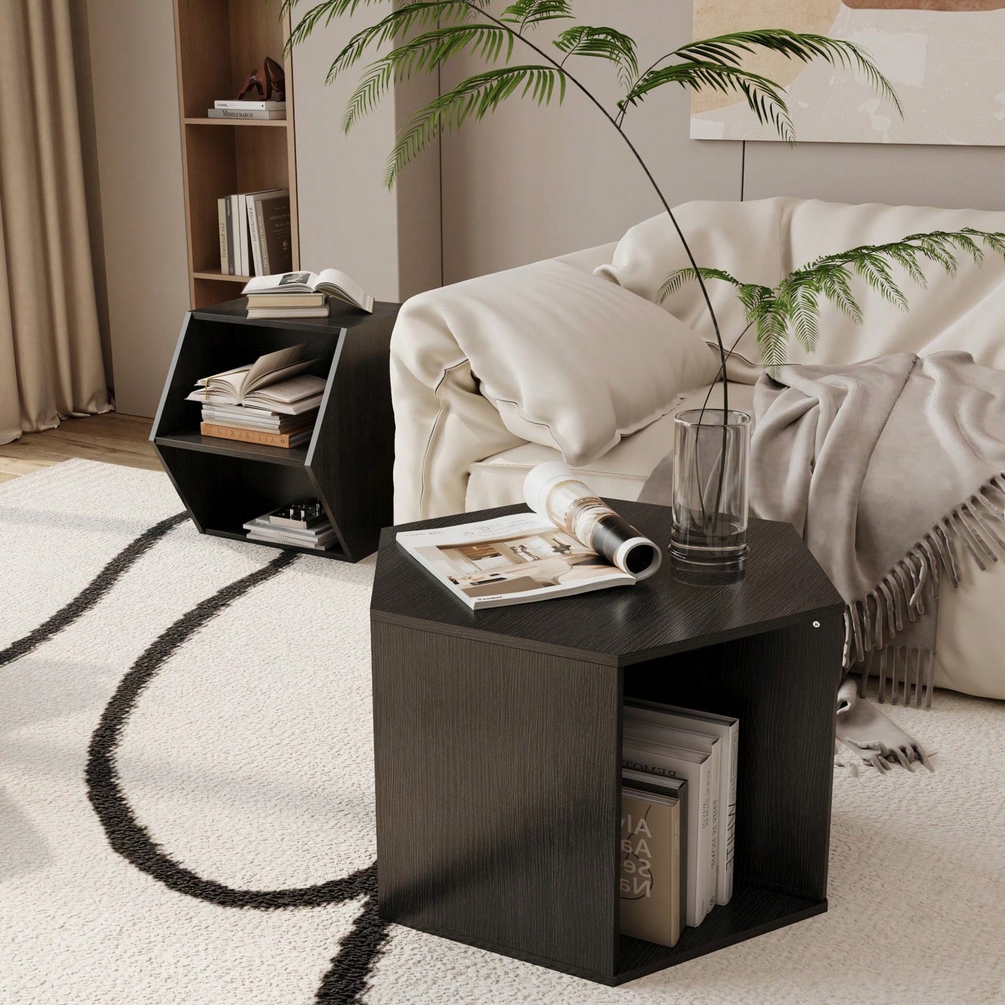 Hexagonal Coffee and Nightstand Table Set 2PCS Stylish MDF Furniture with Storage for Living Room and Bedroom
